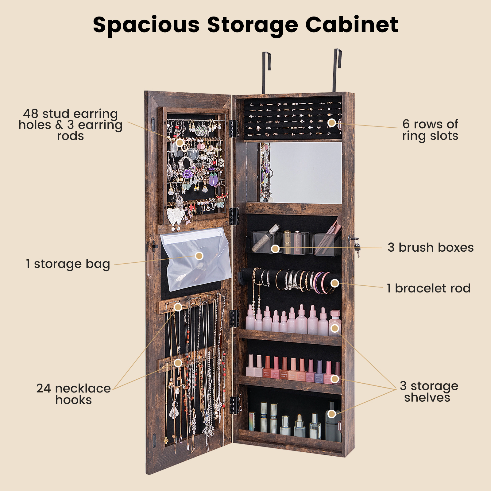 Hivvago Mirrored Jewelry Armoire with Full Length Mirror and 2 Internal LED Lights