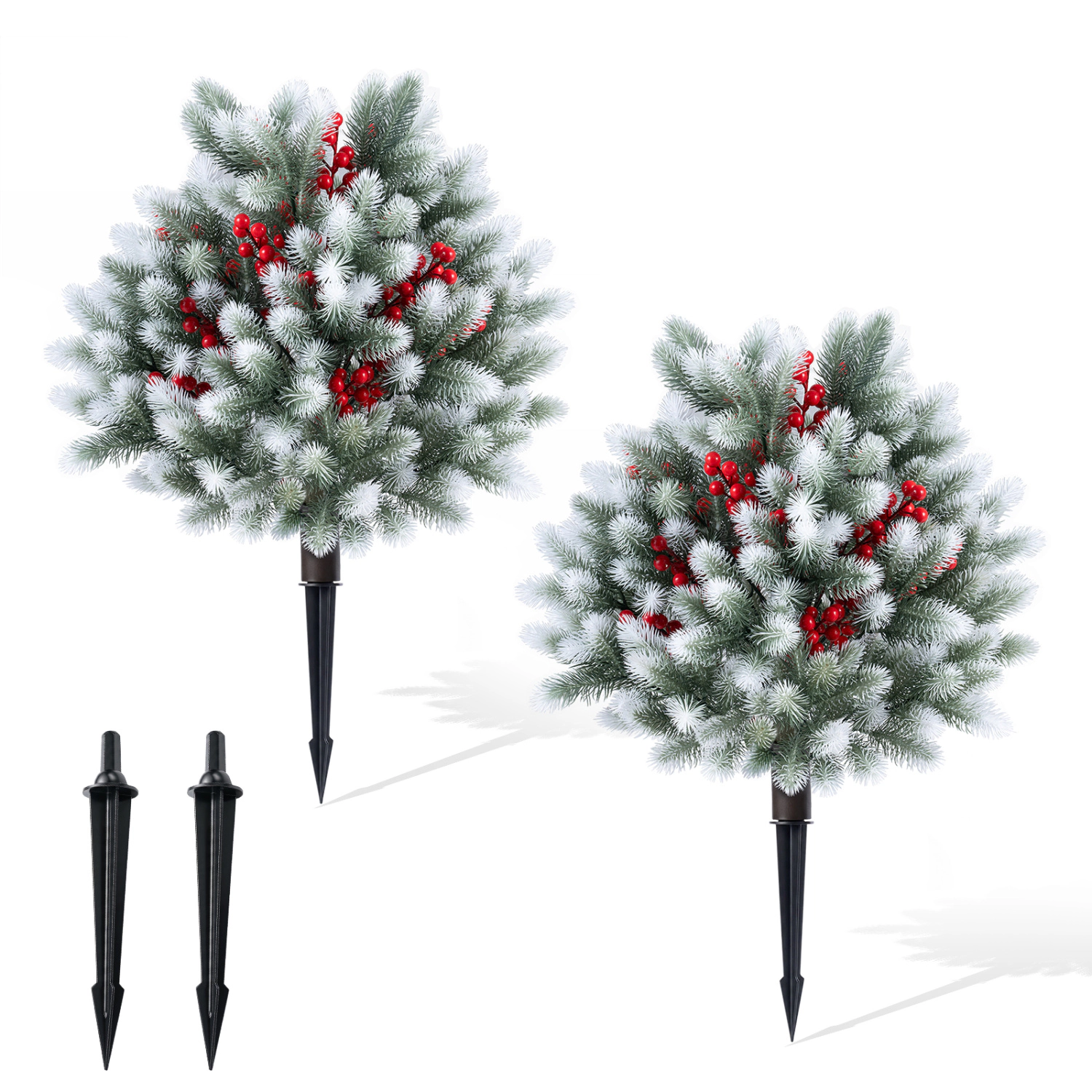 Slickblue Artificial Pine Needle Topiary Set 27.5in Red Berries Green White 2 Pack Ground Spike