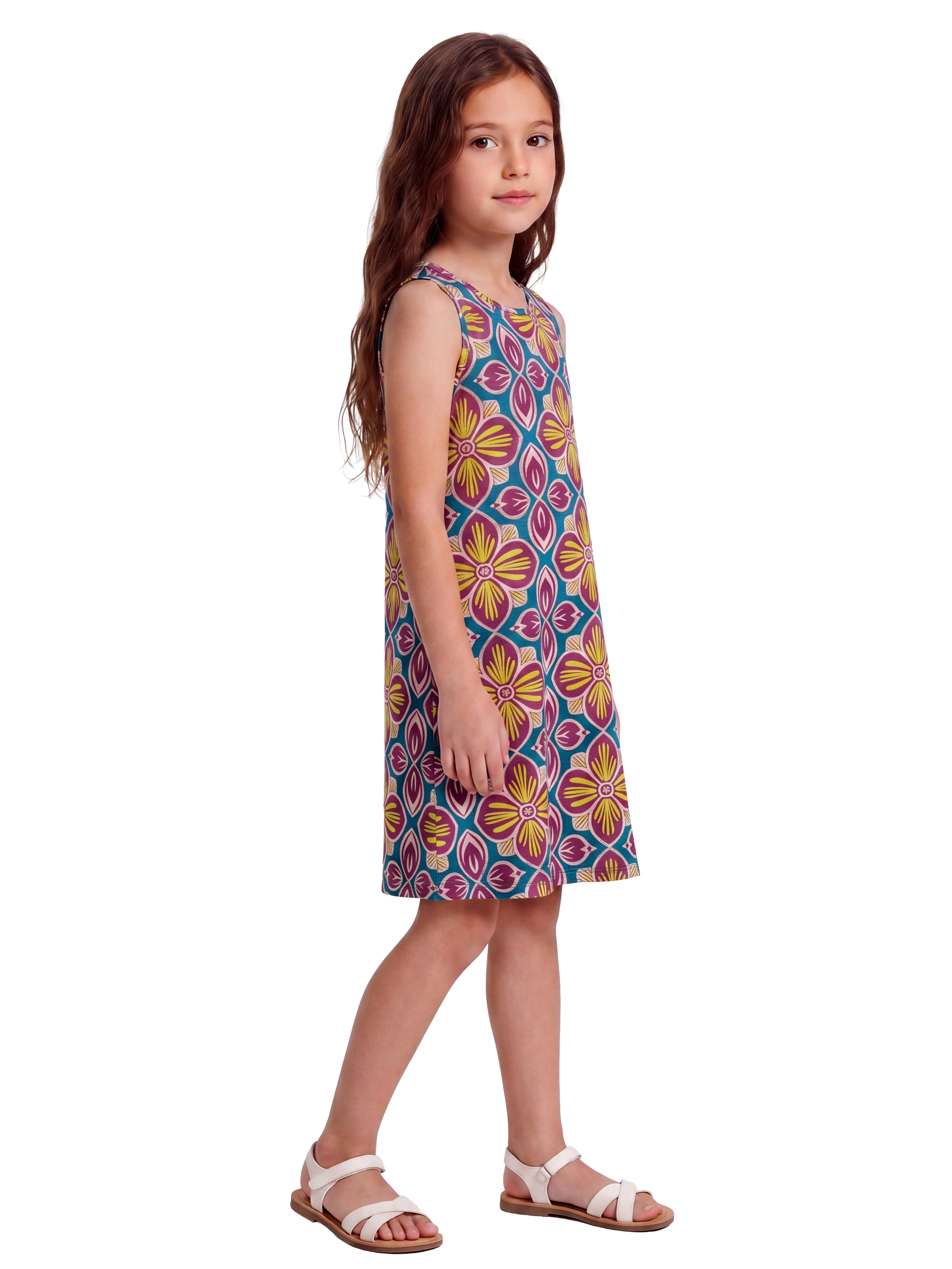 24sevenKid Essential Girls Sleeveless Knee Length A Line Floral Print Pocket Dress