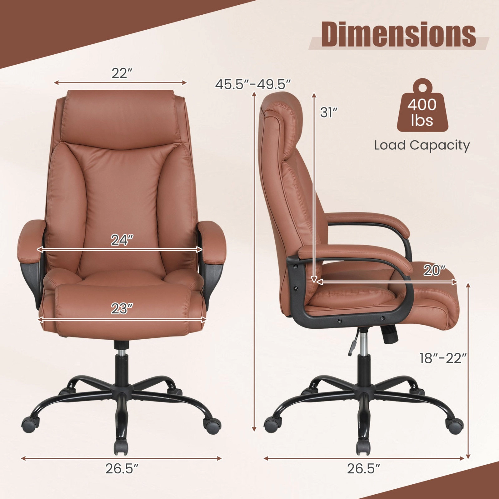SUGIFT 400 LBS Big and Tall Executive Office Chair Brown High Back Leather Chair