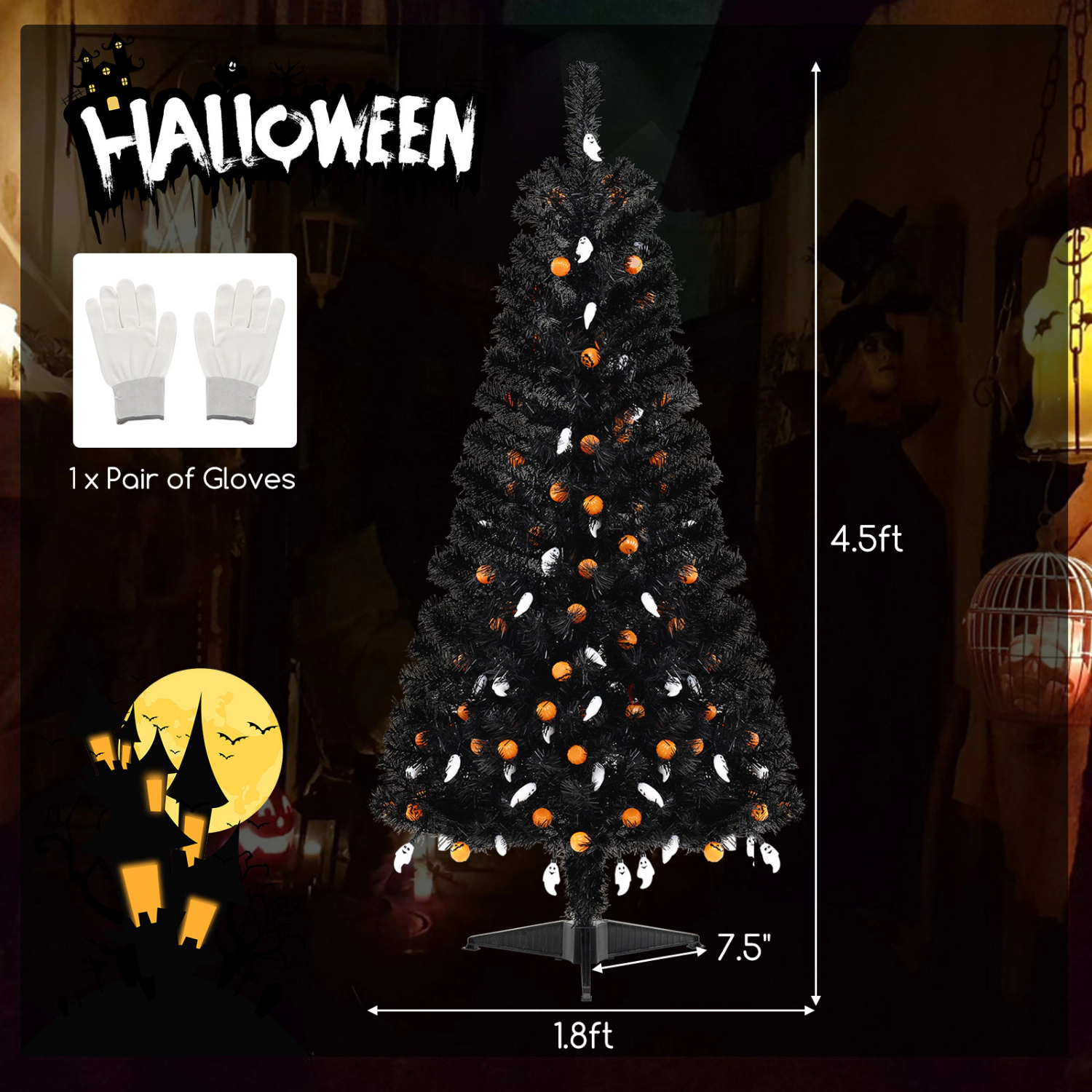 SlickBlue Black Halloween Tree 4.5 Ft Artificial Tree with LED Lights and Sound