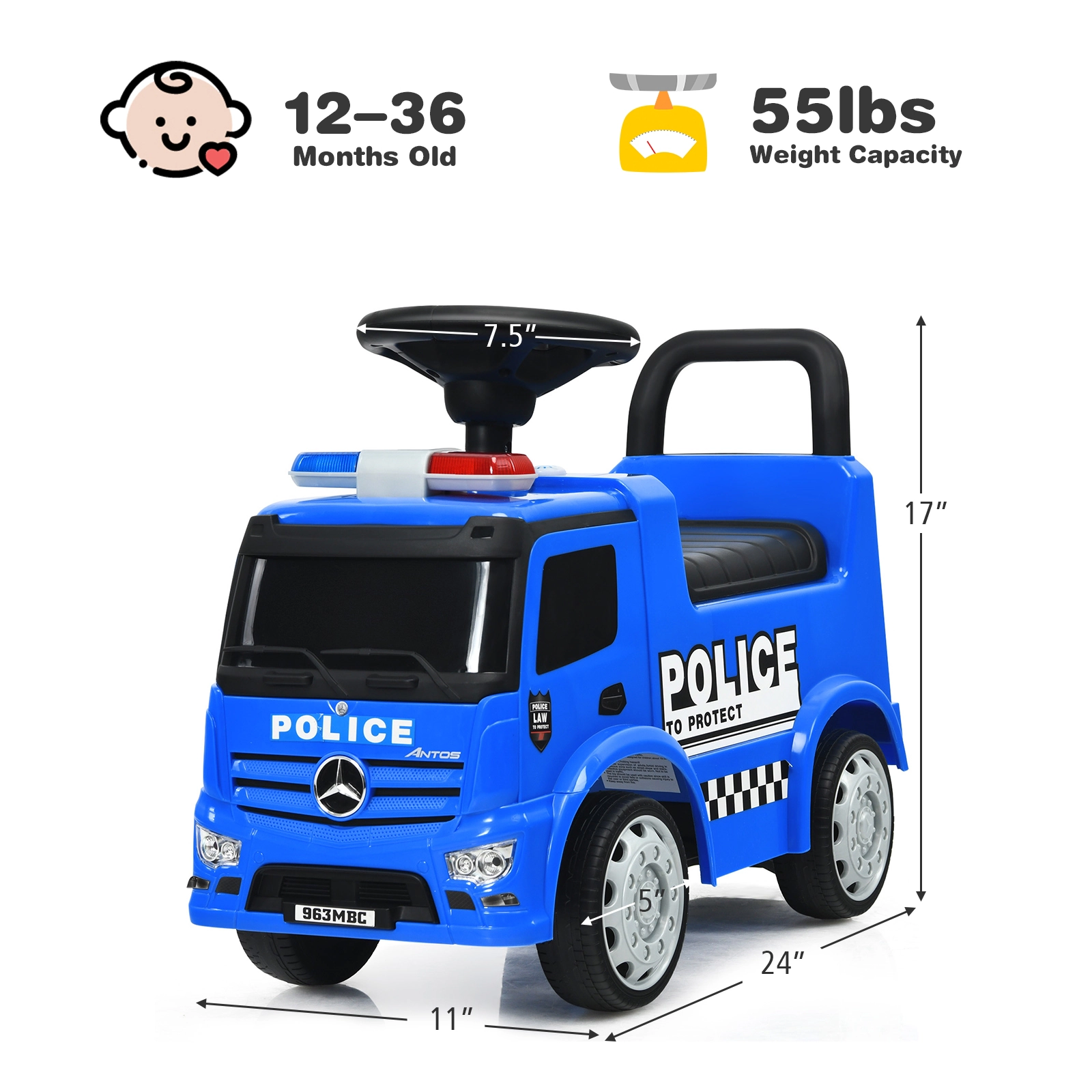 SUGIFT Kids Ride On Push Licensed Police Car Truck 55-lb Capacity Ages 12-36 Months Blue