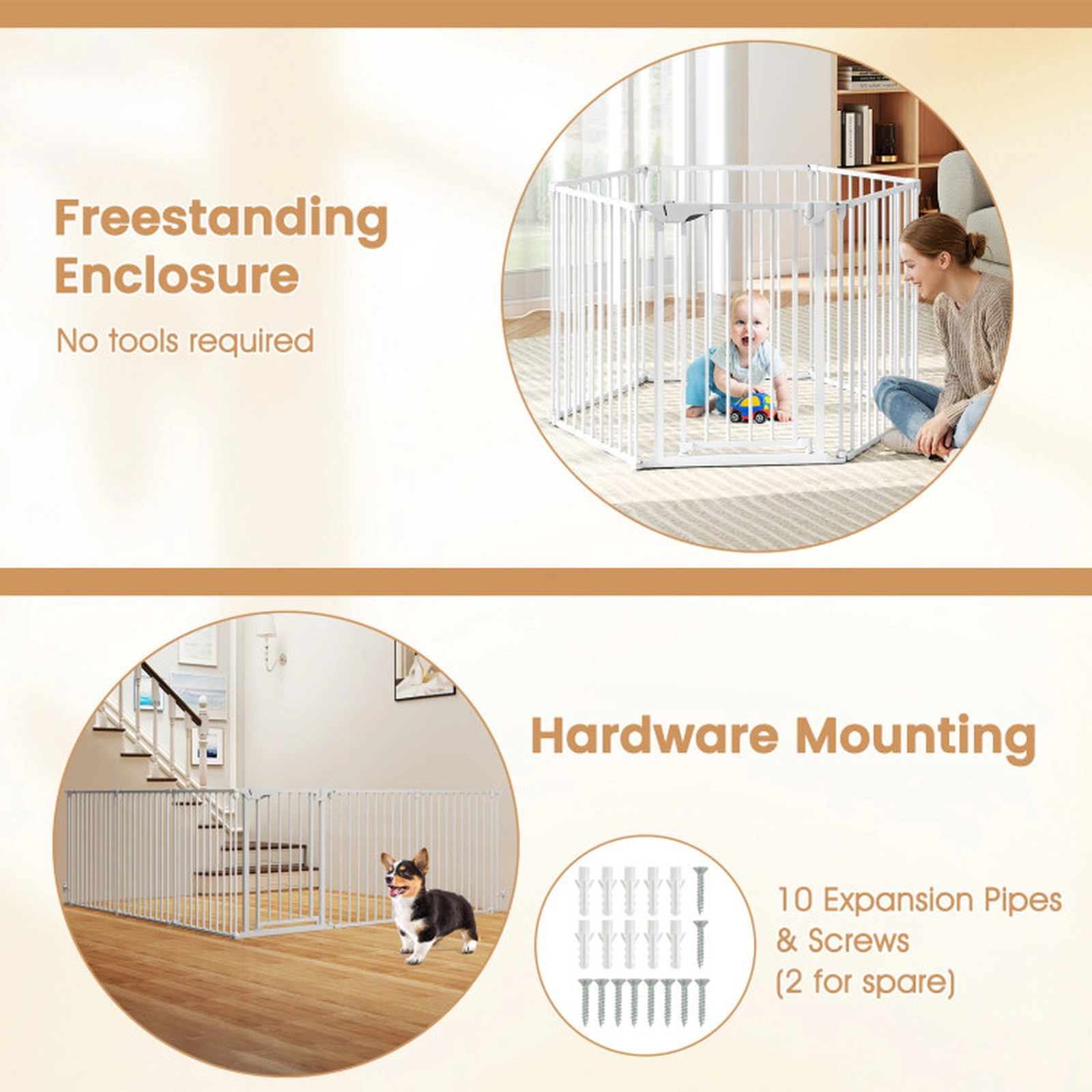 SUGIFT 6-Panel White Extra Wide Pet Gate with Adjustable Fence and Double-Locking Door 29-in H