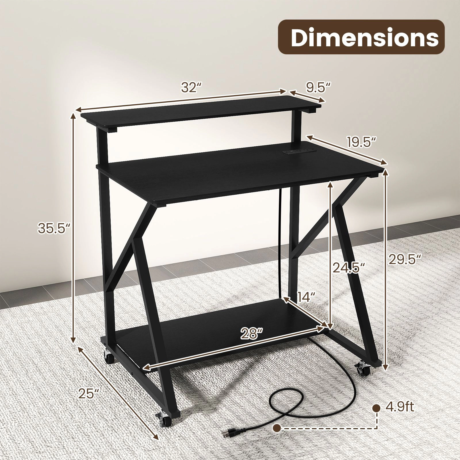 SlickBlue Unisex 32 Inch Rolling Computer Desk with Power Outlets