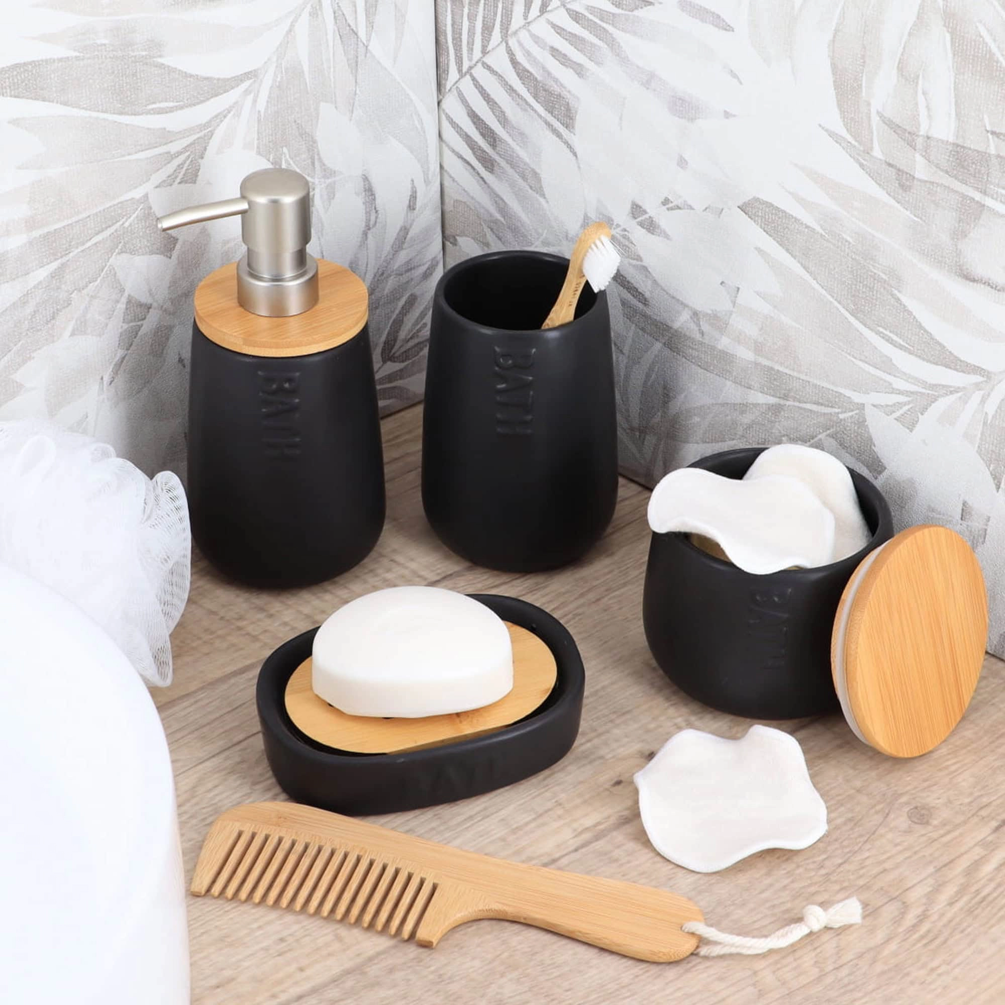 Evideco French Home Goods Dolomite Soap Dish with Removable Bamboo Slat Tray - Matte Black, 2-Piece