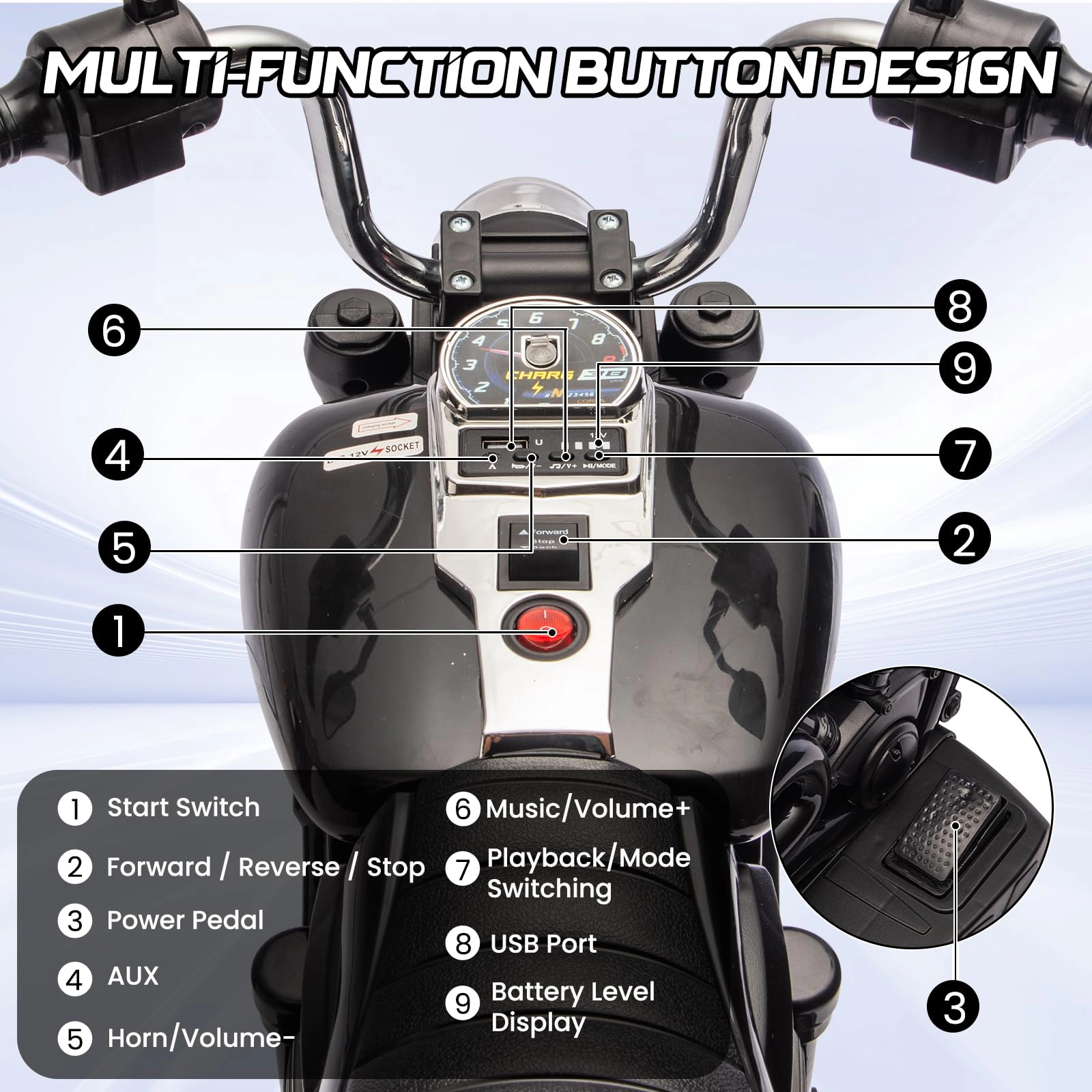 12V Electric Dirt Bike, Kids Motorcycle with Training Wheels, Reverse, Headlight, Horn, Music