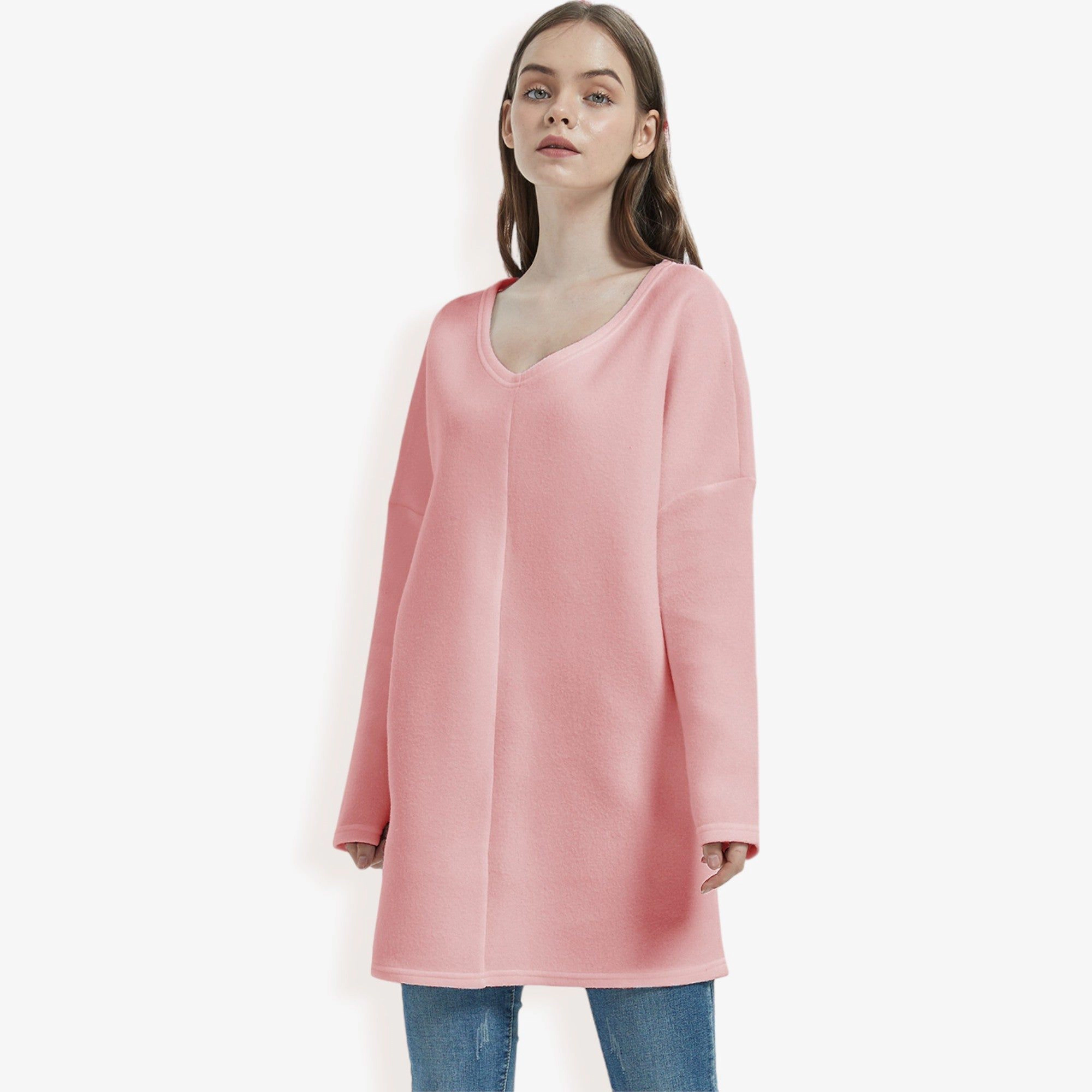 Anna-Kaci Women's Oversized V-Neck Fleece Tunic Sweater Long Sleeve Cozy Top