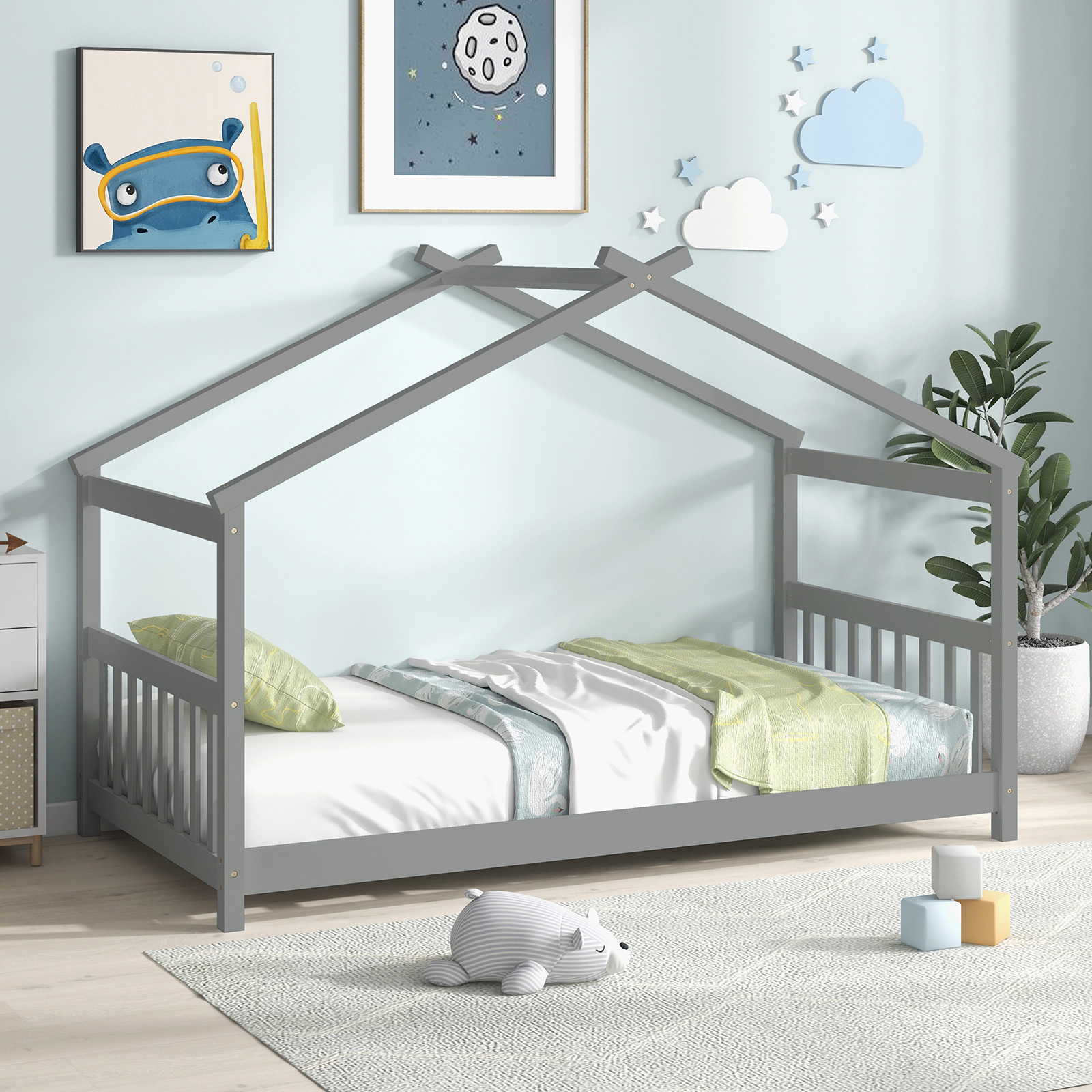 SUGIFT Twin House Bed Frame, Gray Wood Kids Platform Bed with Roof, Headboard, Footboard and 8 Slats