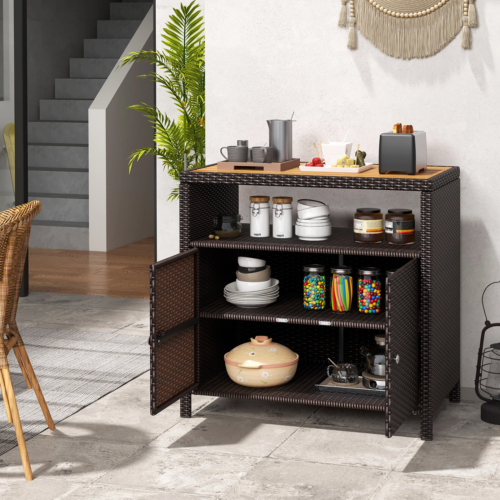 Glintex 35.5-Inch Outdoor Rattan Cabinet with Acacia Wood Countertop, Mixed Brown + Natural