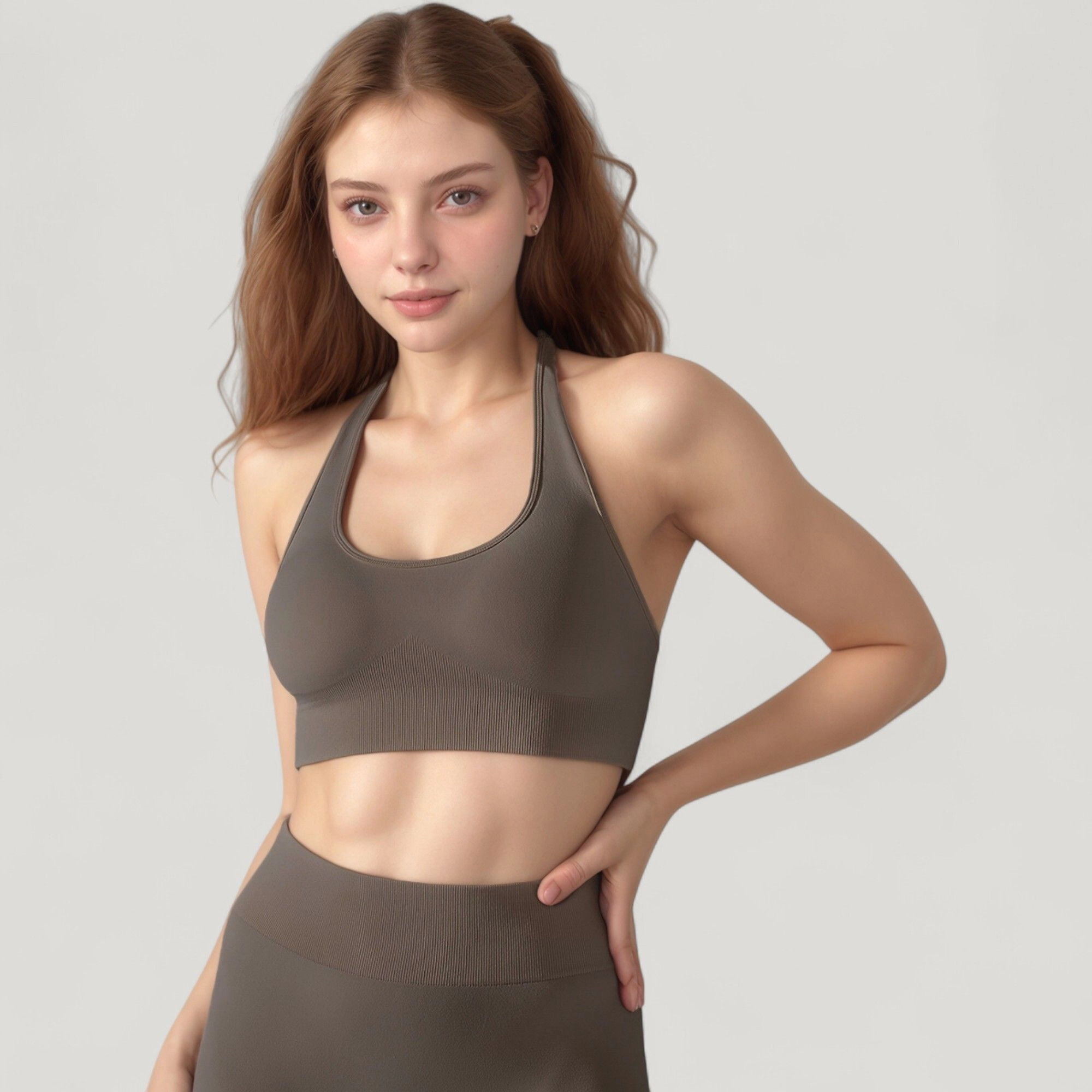 Anna-Kaci Women's Seamless Halter Neck Athletic Crop Top with Ribbed Detailing