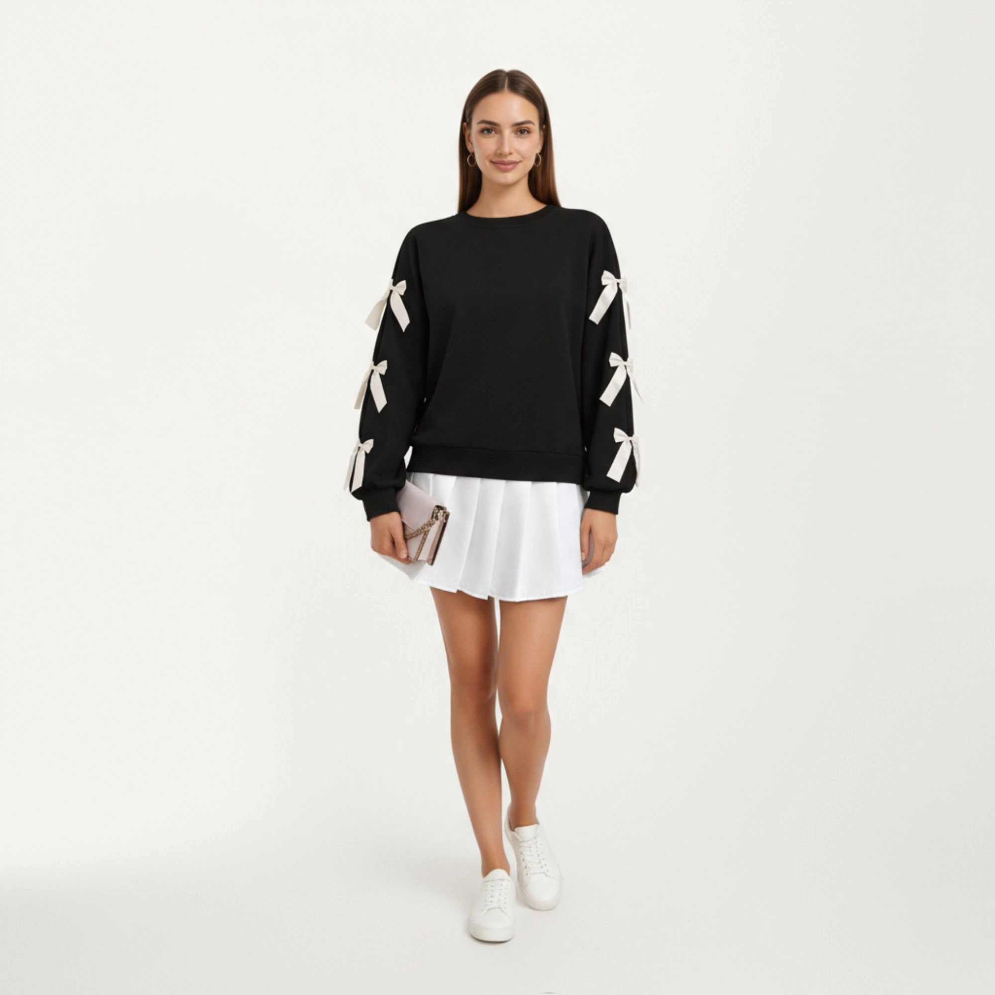 Anna-Kaci Women's Long Sleeve Crew Neck Sweatshirt with Ribbon Bow Detail
