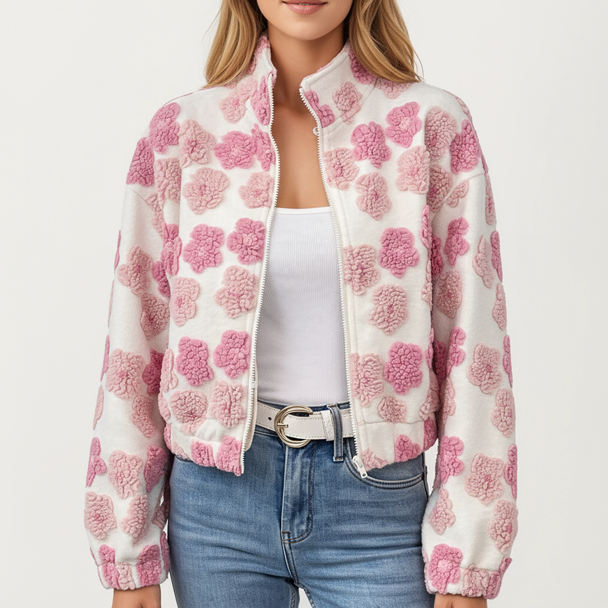 Anna-Kaci Women's Zip-Up Jacket with 3D Floral Pattern and Elastic Hem