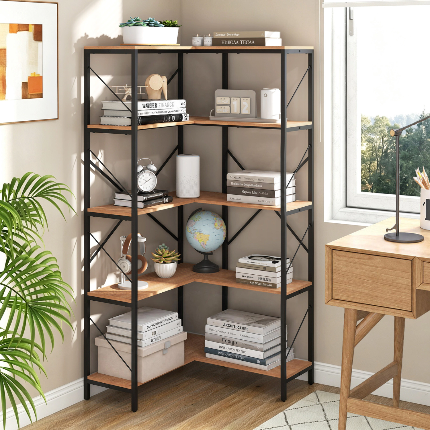 LJG 66" Tall 5-Tier L-Shaped Bookcase with Metal Frame for Living Room