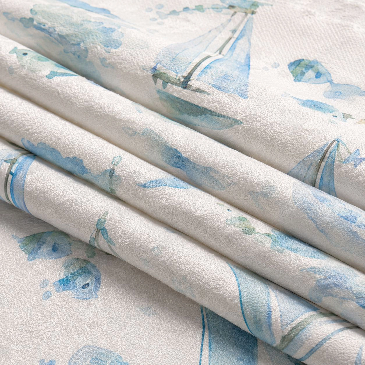Kate Aurora Maritime Blues Coastal Sailboats And Fish Fabric Shower Curtain - 72 in. Wide x Long