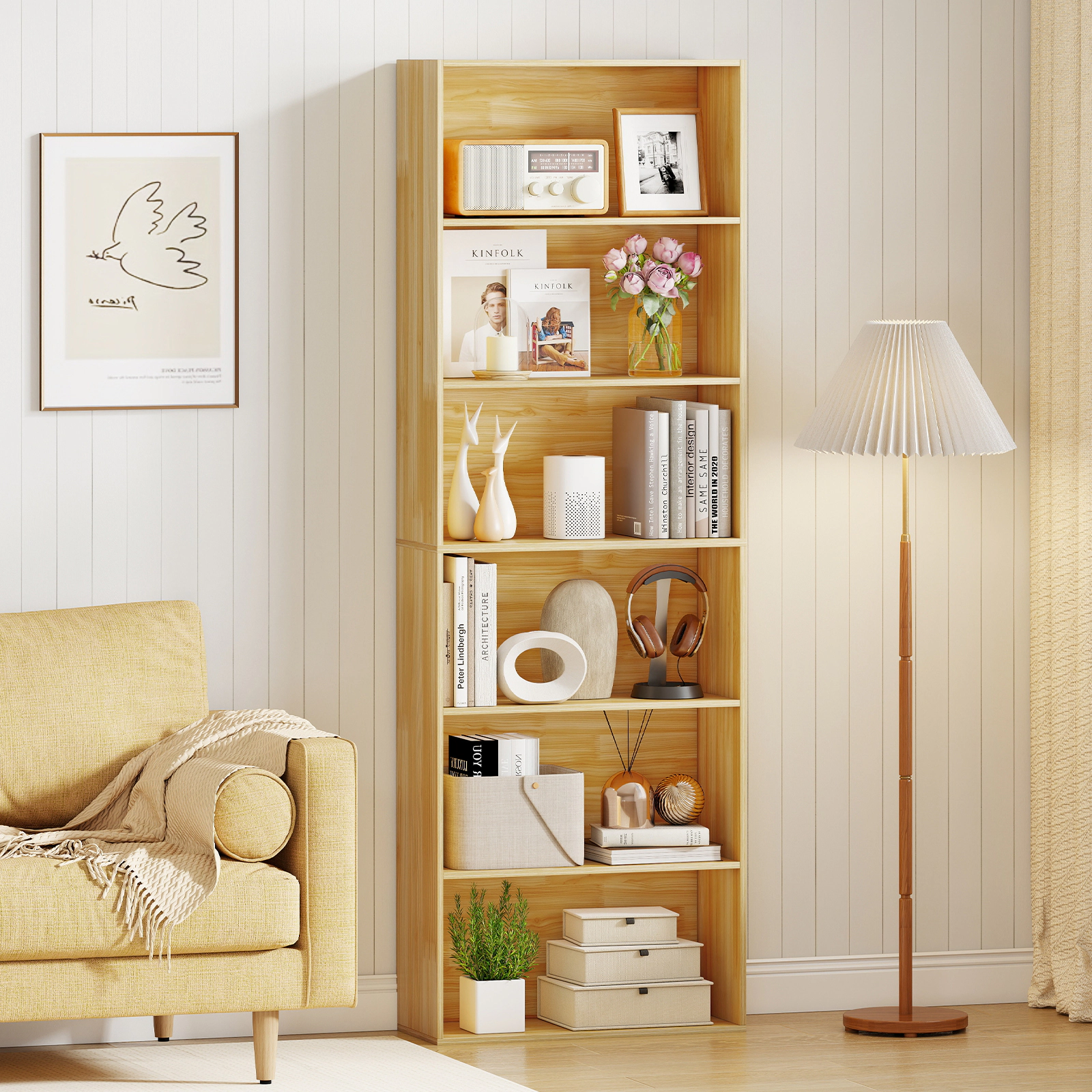 SUGIFT 6-Tier Natural 70-in Tall Bookshelf with 6 Uniform Open Shelves 2 Anti-Toppling Kits and 200-lb Top