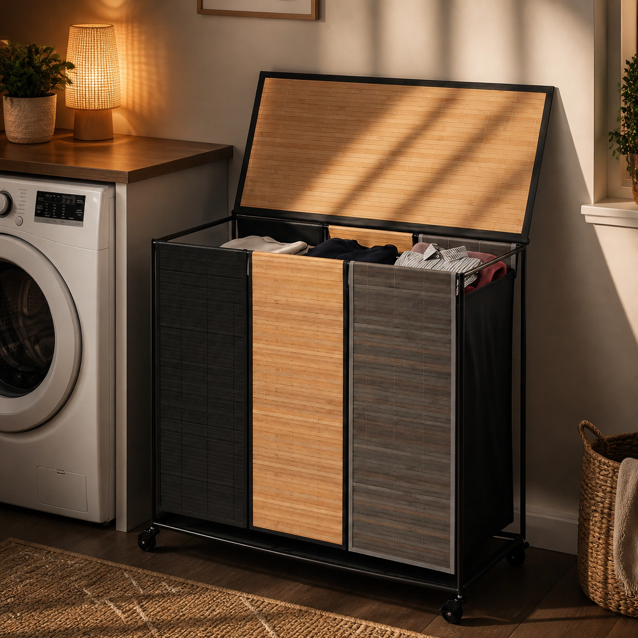 SUGIFT 21.4-gal 3-Section Bamboo Laundry Hamper Sorter with Lid 4 Wheels and Removable Washable Liners
