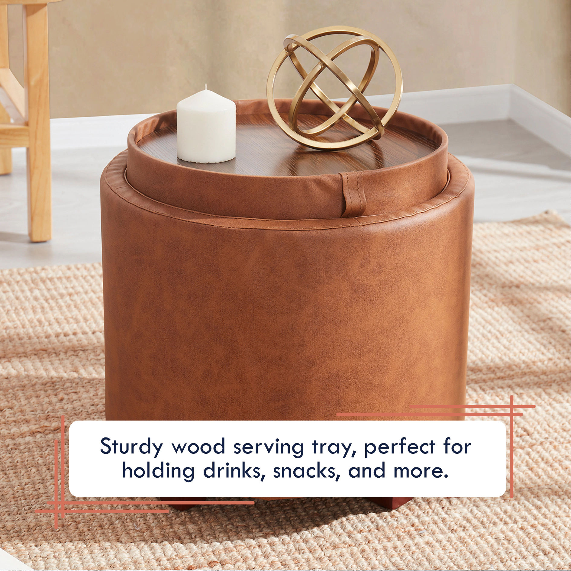 Ornavo Home Round Faux Leather Storage Ottoman with Table Top Lid