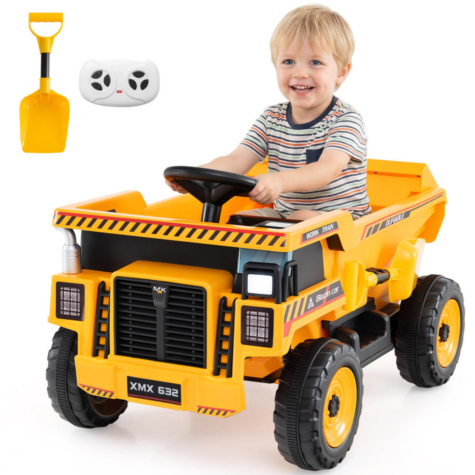 SUGIFT 24V Construction Ride-On Dump Truck Car with Remote Control 66-lb Capacity Ages 3-8 Yellow and Black