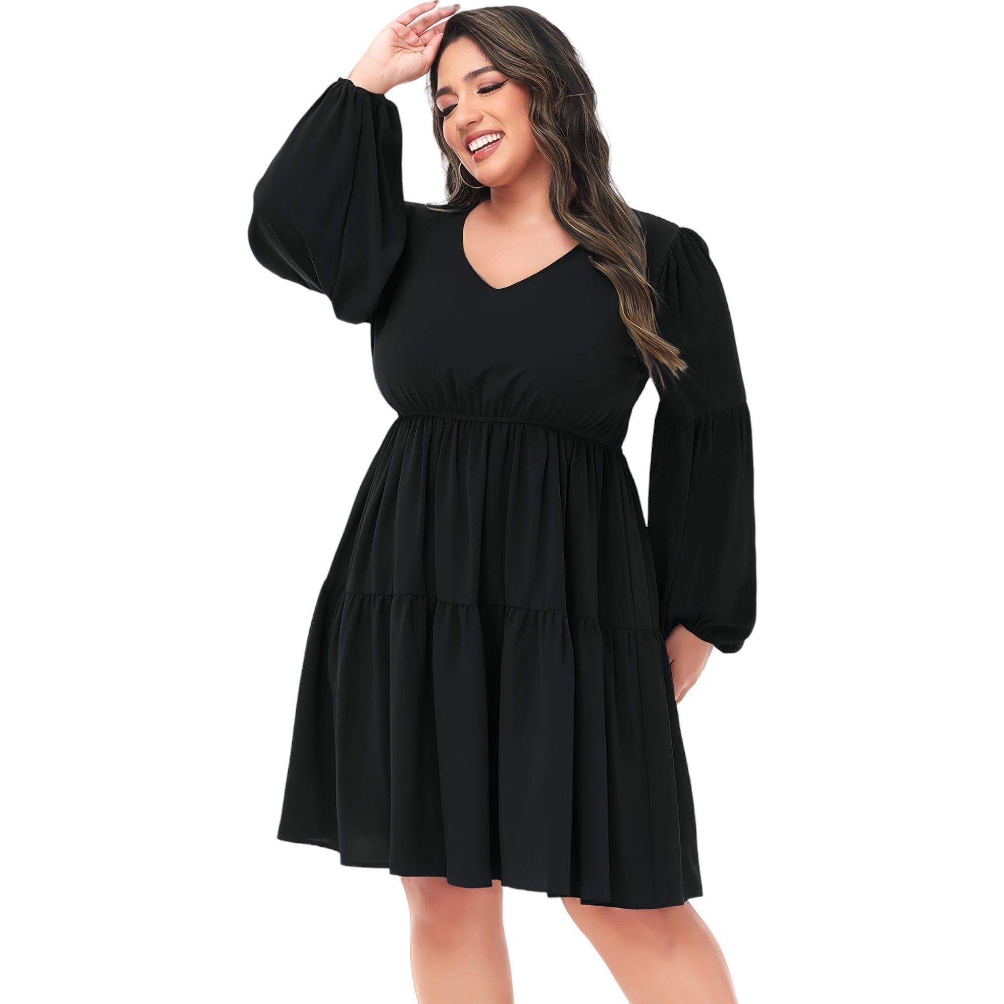 Anna-Kaci Women's Plus Tunic V Neck Long Sleeve Smocked Casual Loose Shift Dresses