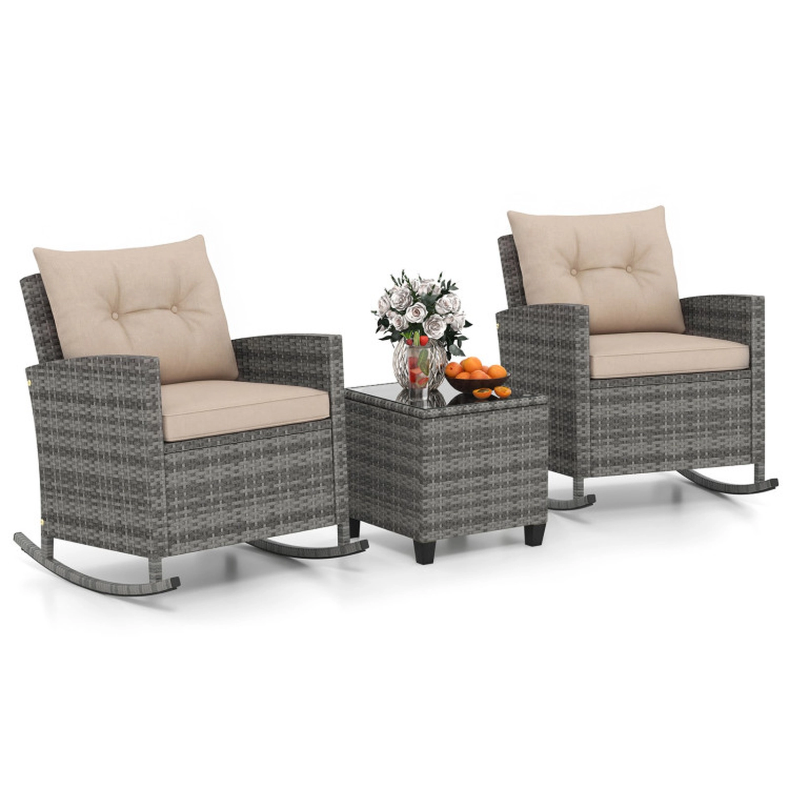 SUGIFT Beige Tempered Glass Table and Cushions 3-Piece Patio Rattan Rocking Chair Set