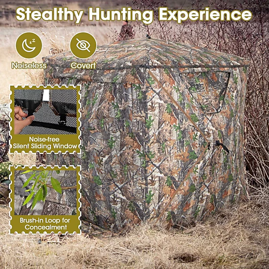 SUGIFT 2-3 Person Pop Up Hunting Blind Ground Tent with Triangle Windows Carry Bag and Storage Pocket Camouflage
