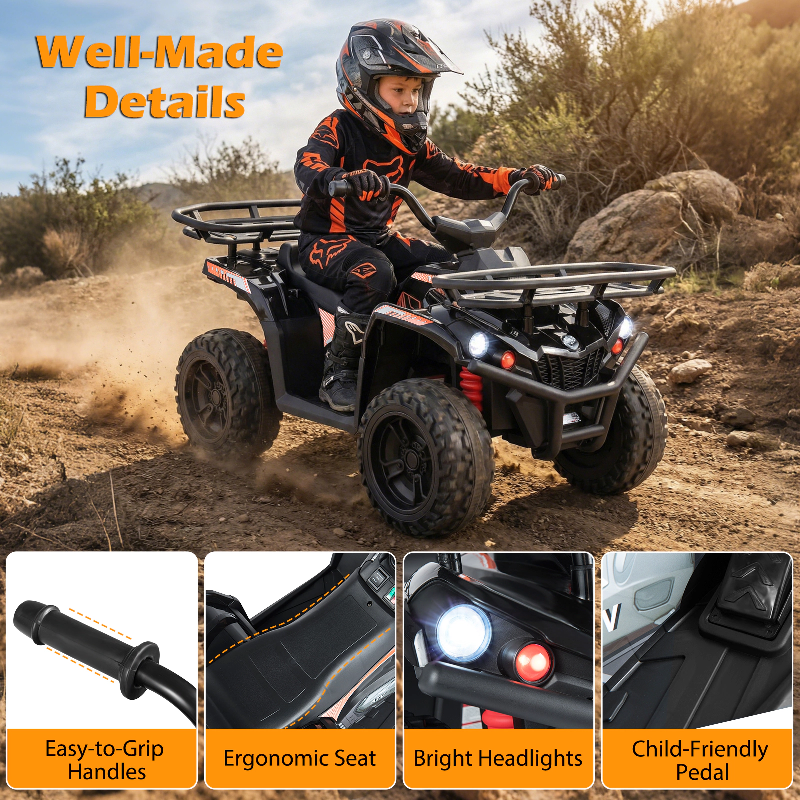 Costway 24V 4-Wheeler Ride on Toy with Slow Start, Songs, Stories, Tunes, MIC/SD/USB Port