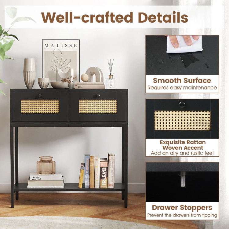 Hivvago Rattan Console Table Boho Entryway With 2 Drawers And Open Storage Shelf