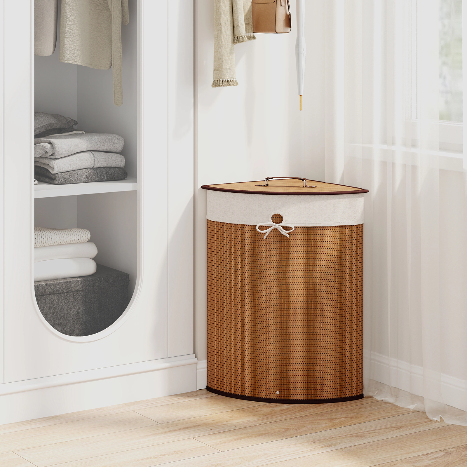 SUGIFT Folding Laundry Hamper Basket with Lid and Removable Liner Bag 58-L Capacity Black/Brown/Natural