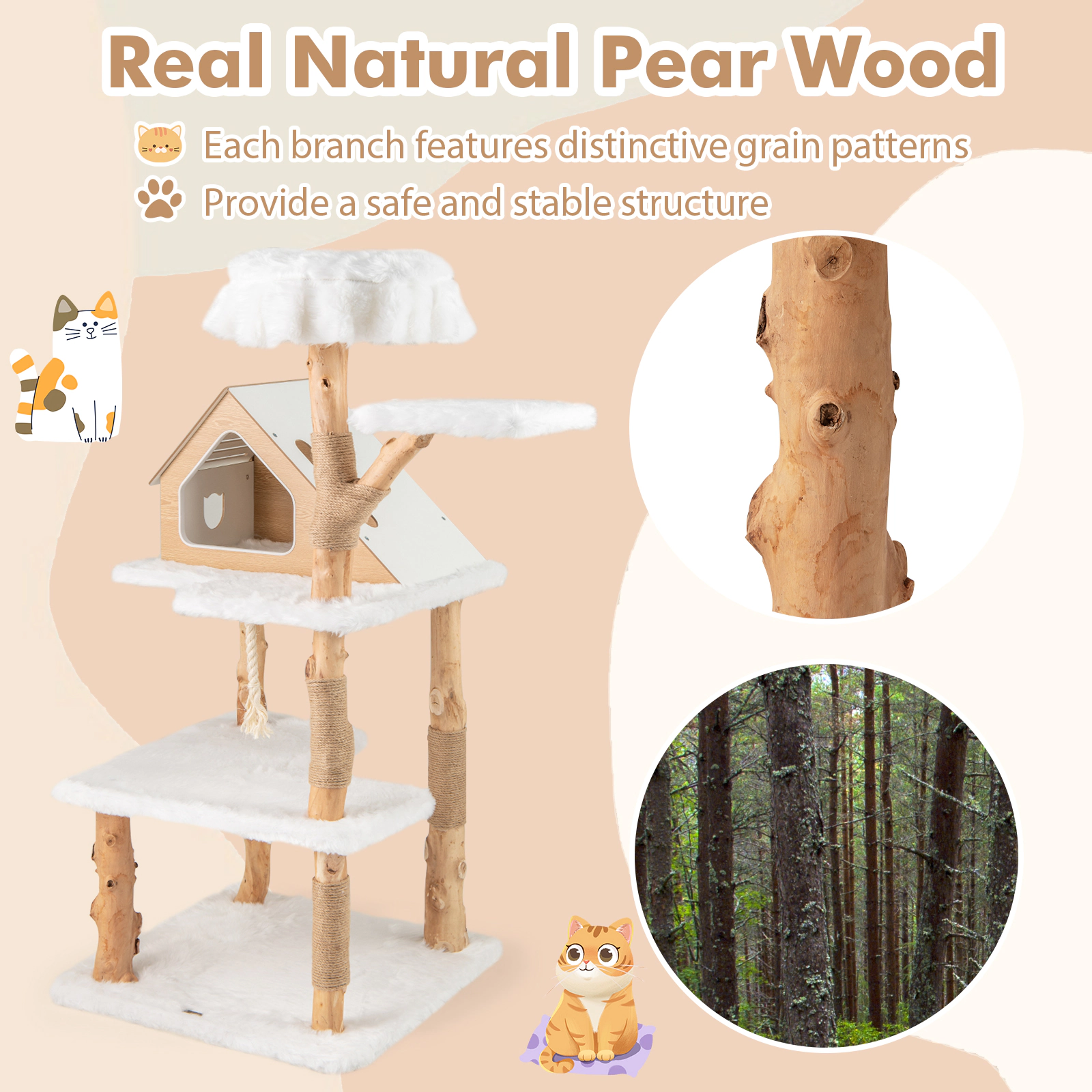 SUGIFT 60-in Solid Wood Modern Cat Tree Tower with Pear Wood Trunks 2 Perches and Vented Condo for Cats