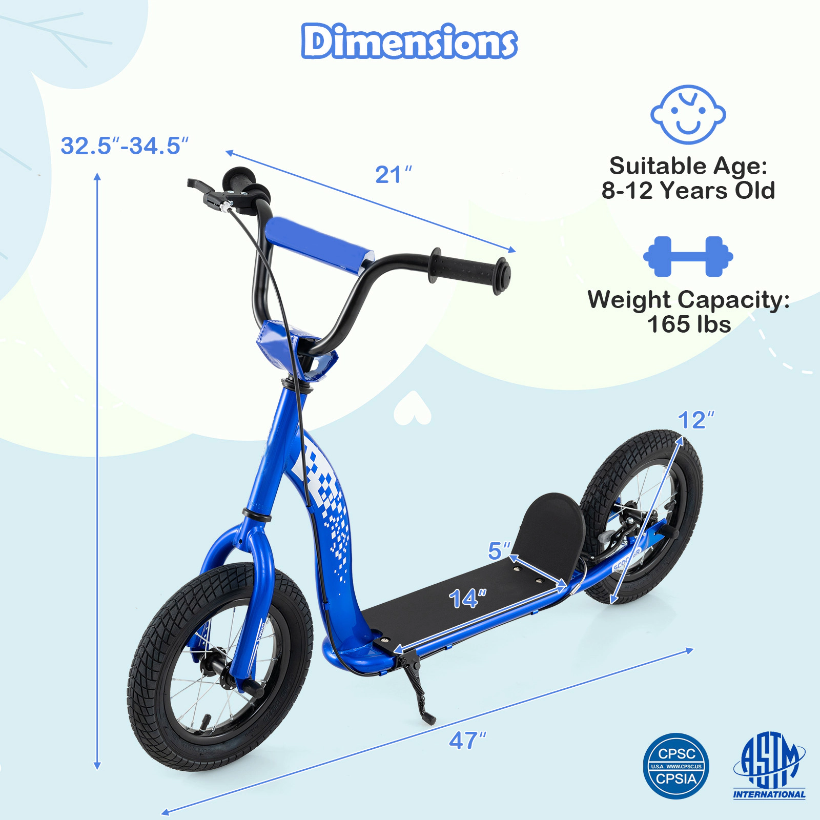 SUGIFT Kids Blue Youth Kick Scooter with 12-in Inflatable Tires 47-in W 32.5-in to 34.5-in H 165-lb Rider Capacity