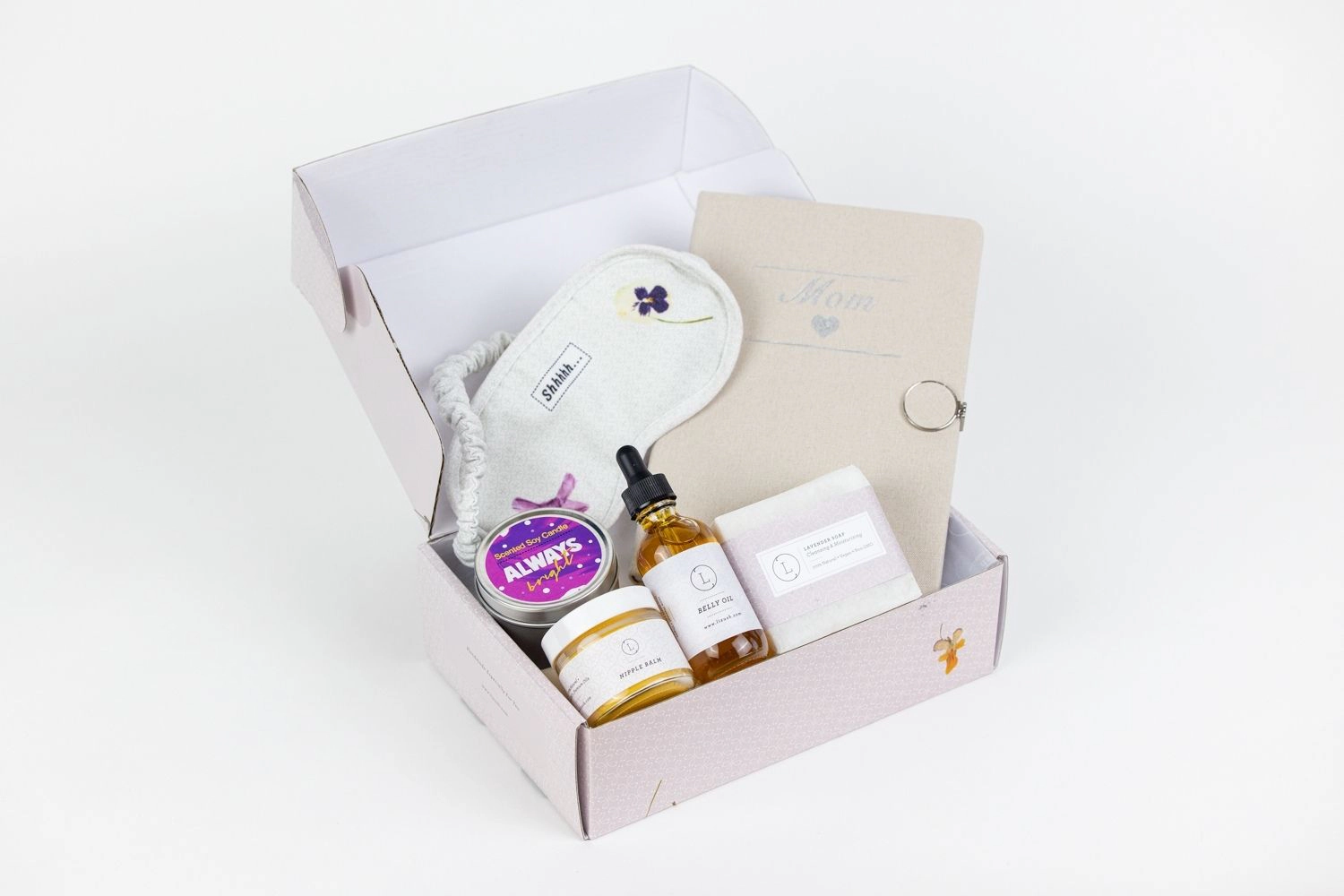 Lizush  Pregnancy Gift Box - New Mom Gift Set with Nipple Balm, Belly Oil, Lavender Soap, Soy Candle, Eye Mask, Gift Box