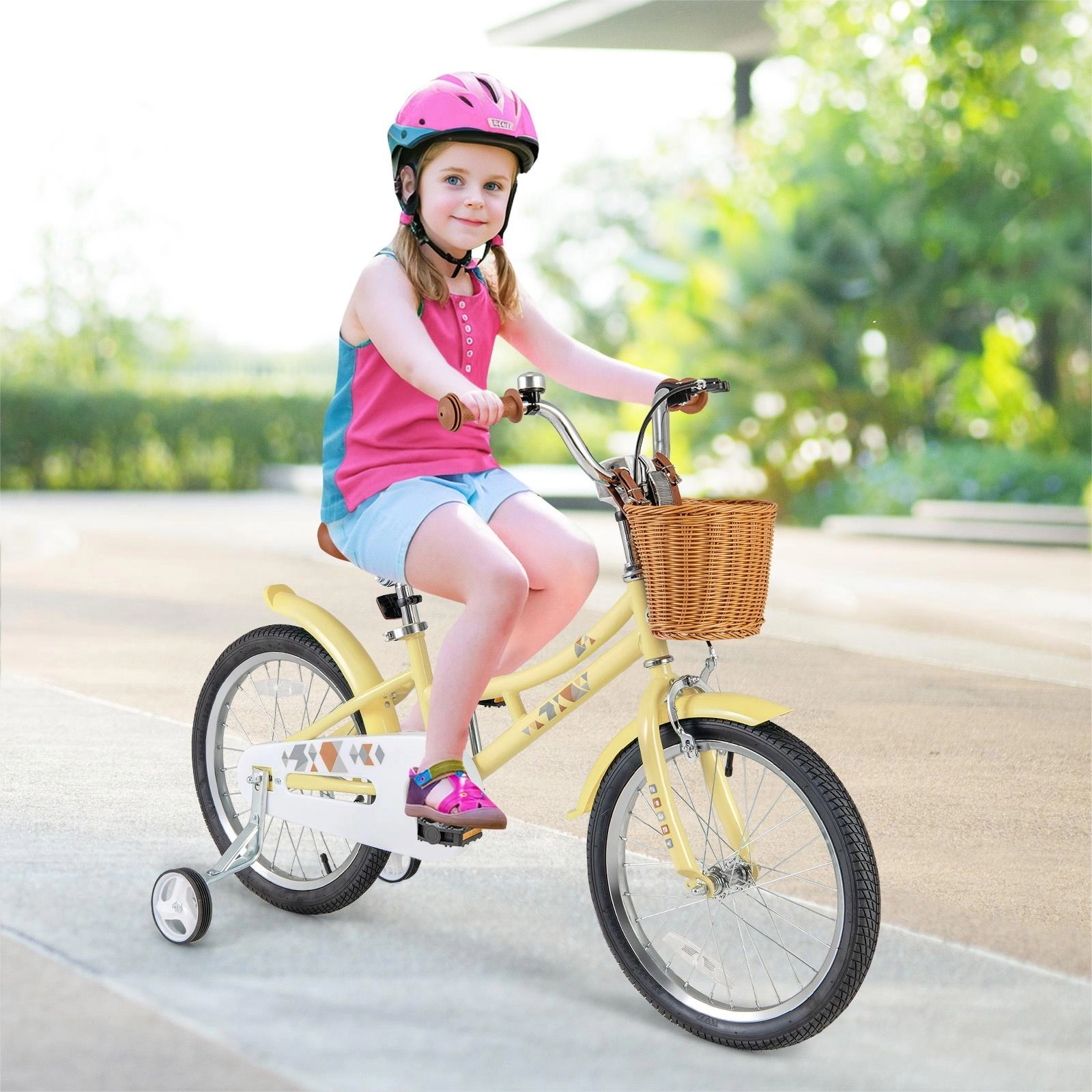 SUGIFT Height Adjustable Kids Bicycle with Training Wheels Basket and Bell 132-lb Seat Capacity Ages 4-8 Years Yellow