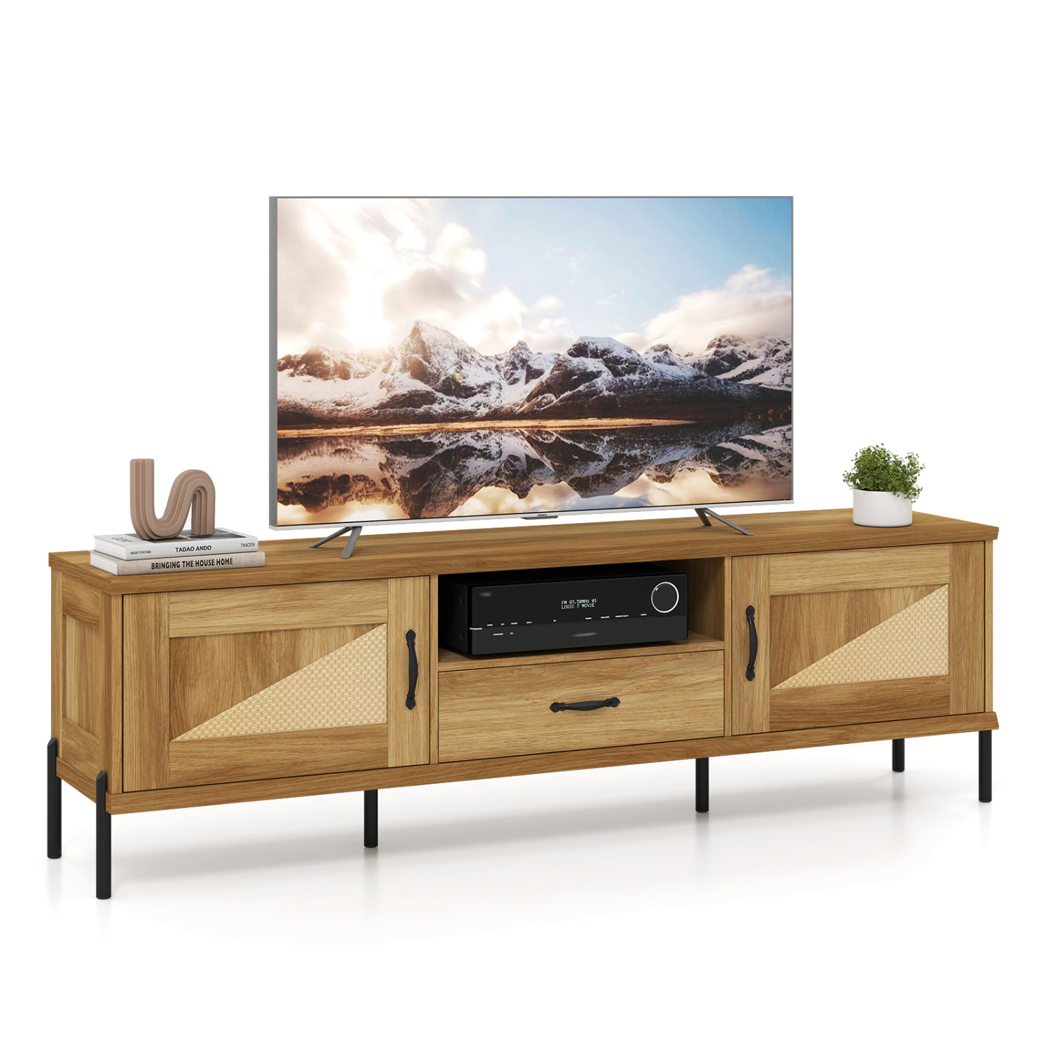 Glintex 72-Inch Rattan Media Console with 2 Cabinets and Large Drawer, Natural