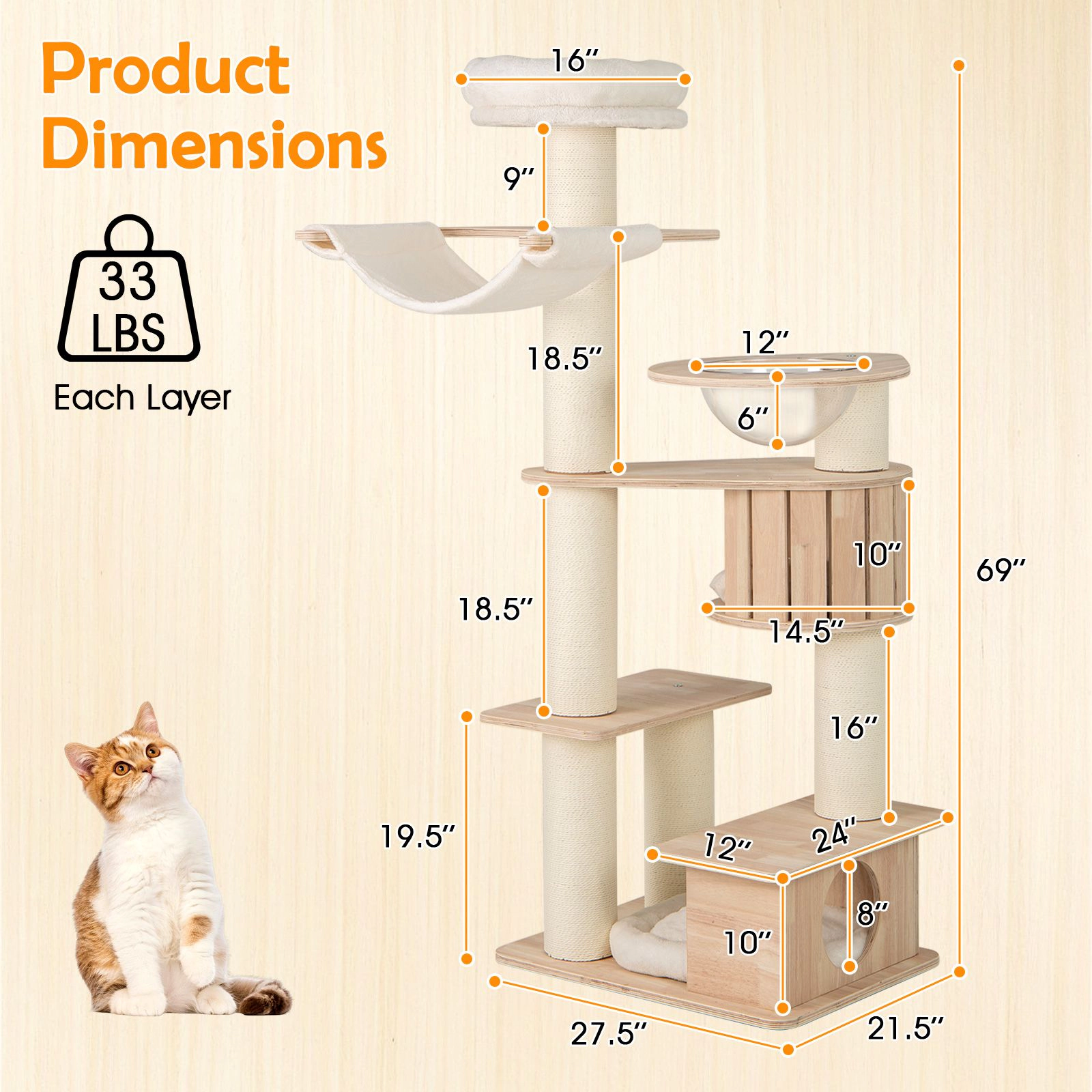 SlickBlue 69" Cat Tower with Wood Platforms Condo Hammock and Perch