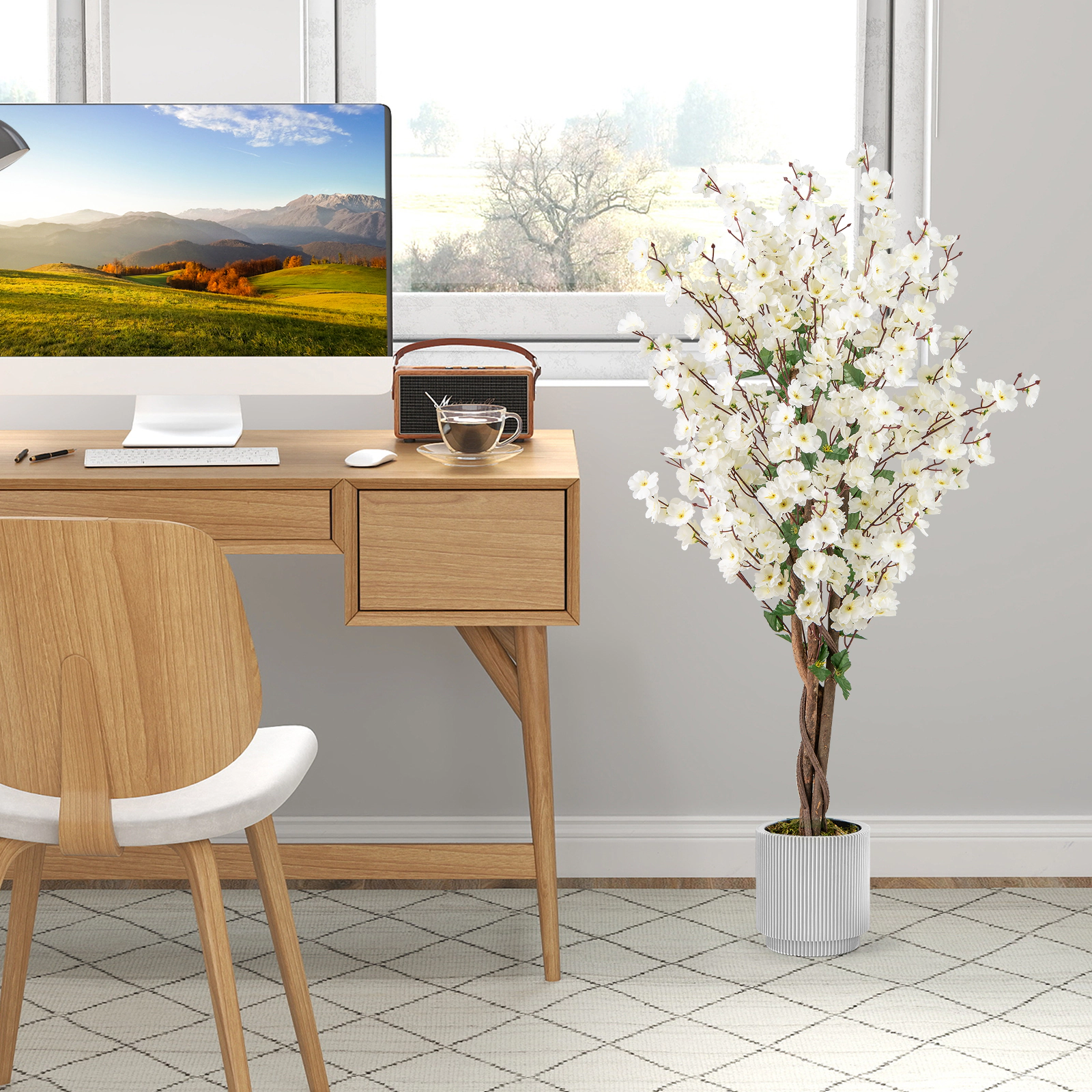 Slickblue 47 inch Artificial Plum Blossom Tree with White Fabric Blossoms and Wood Trunk