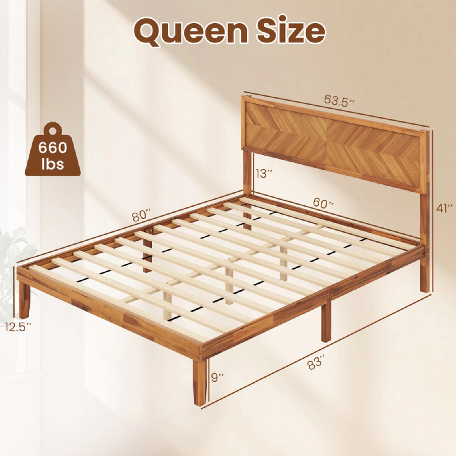 SUGIFT Platform Queen Size Bed Frame with Headboard and Under-Bed Storage 660-lb Capacity Rustic Golden Brown
