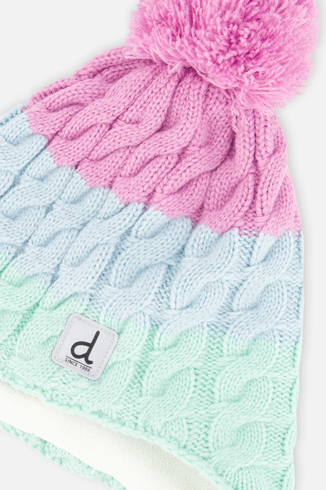 Deux par Girls Color Block Cable-Knit Winter Peruvian Knit Hat with Pompom