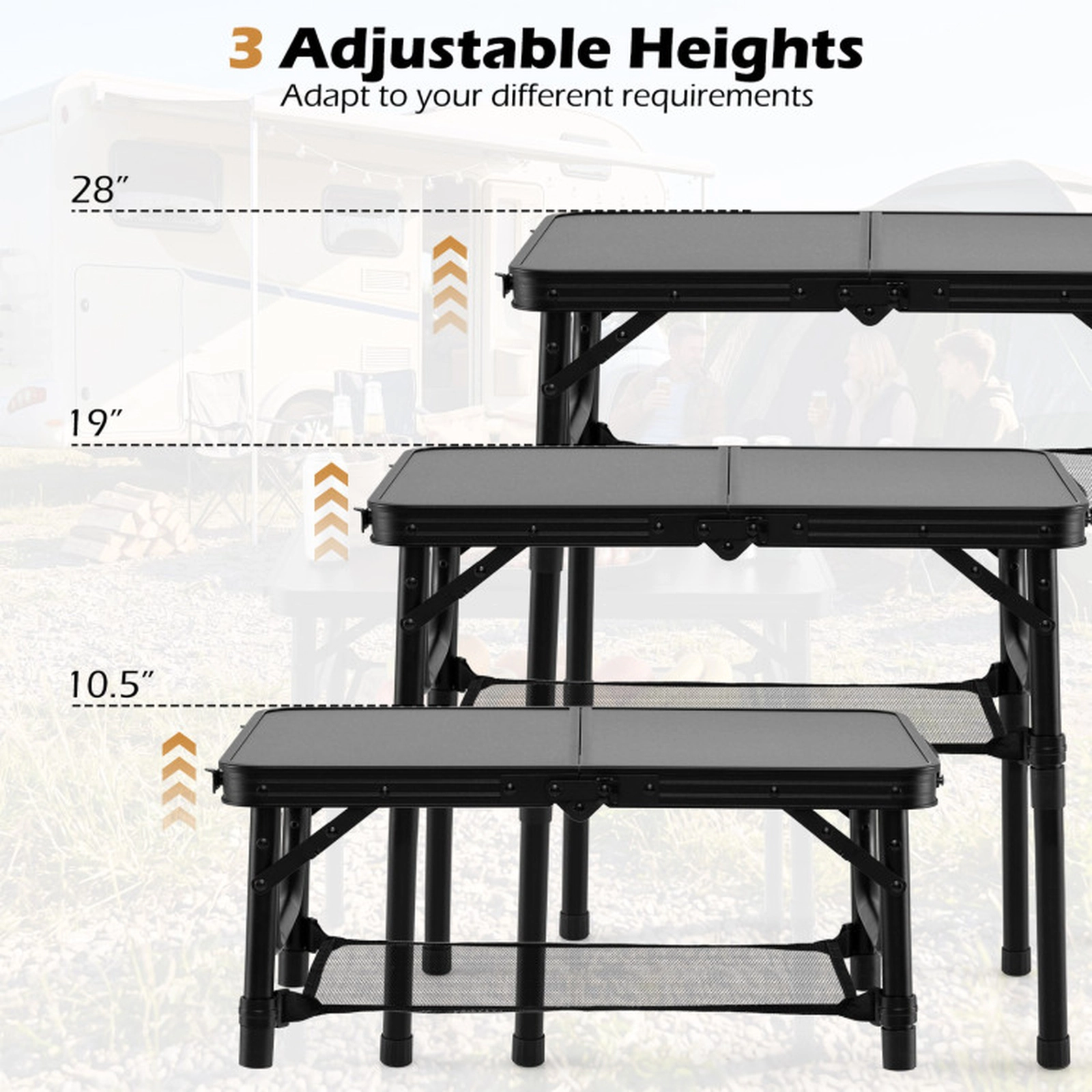 SUGIFT 3-Height Folding Camping Table with Large Storage Net & Handle 110-lb Capacity Black