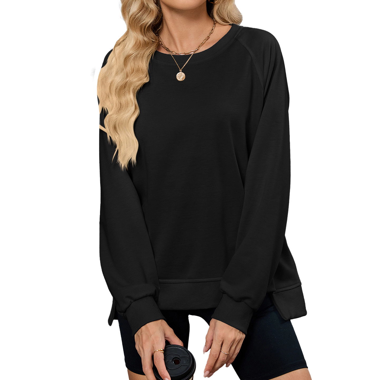 Enchanted Funland Womens Crew Neck Raglan Sleeve Long Side Slit  Pullover Tops