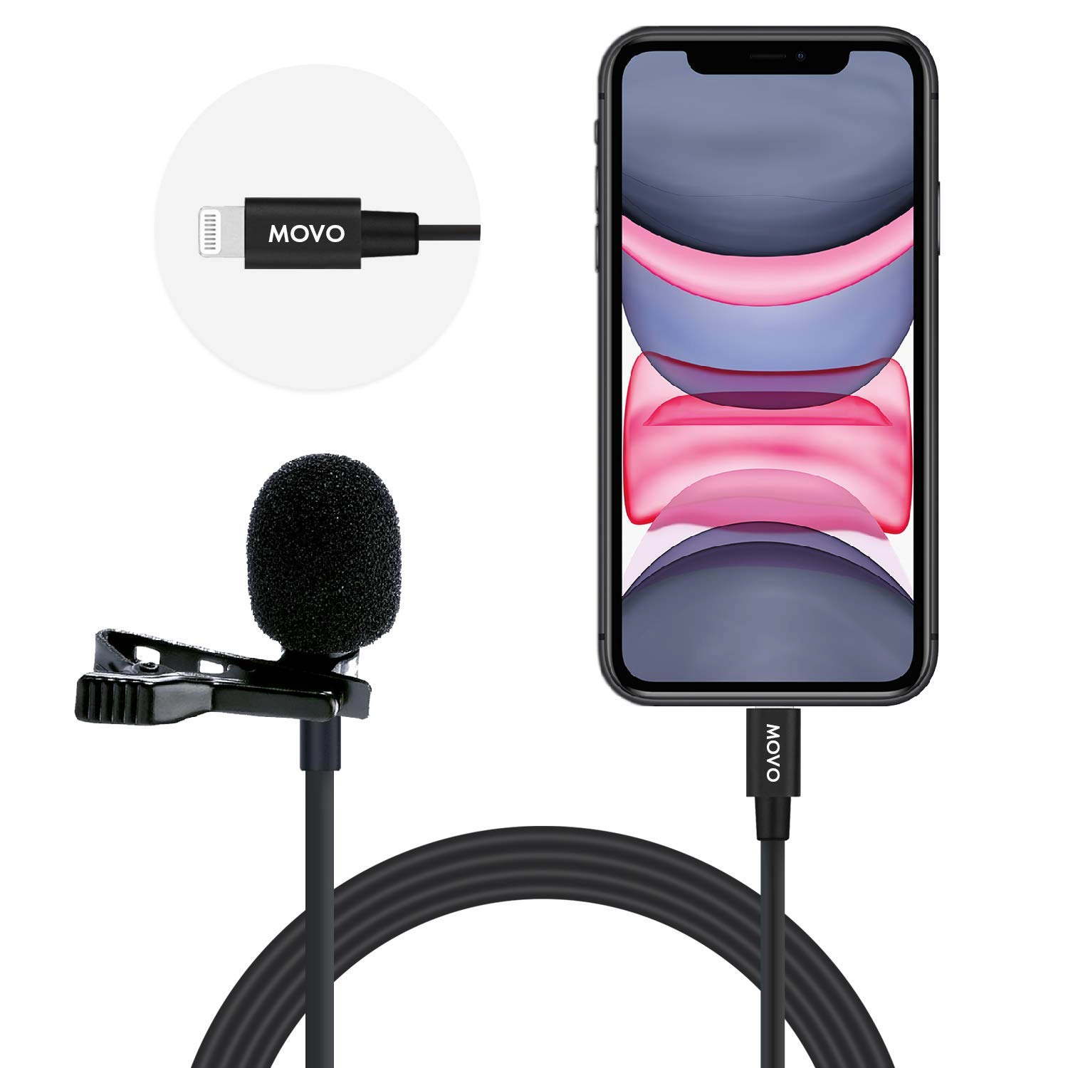 Movo iLav-L Digital Lavalier Omnidirectional Clip on Microphone with MFi Certified Lightning Connector Compatible