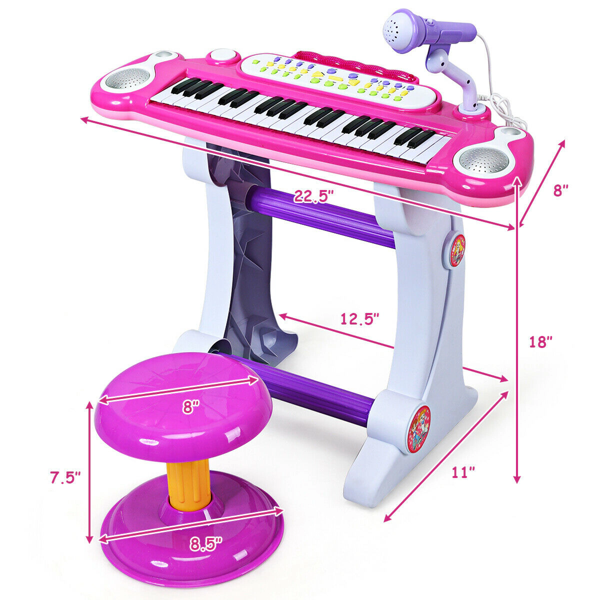 SUGIFT Kids Pink 37-Key Electronic Toy Piano Keyboard with Stool and 8 Instrument Sounds 22.5-in W 11-in D 18-in H