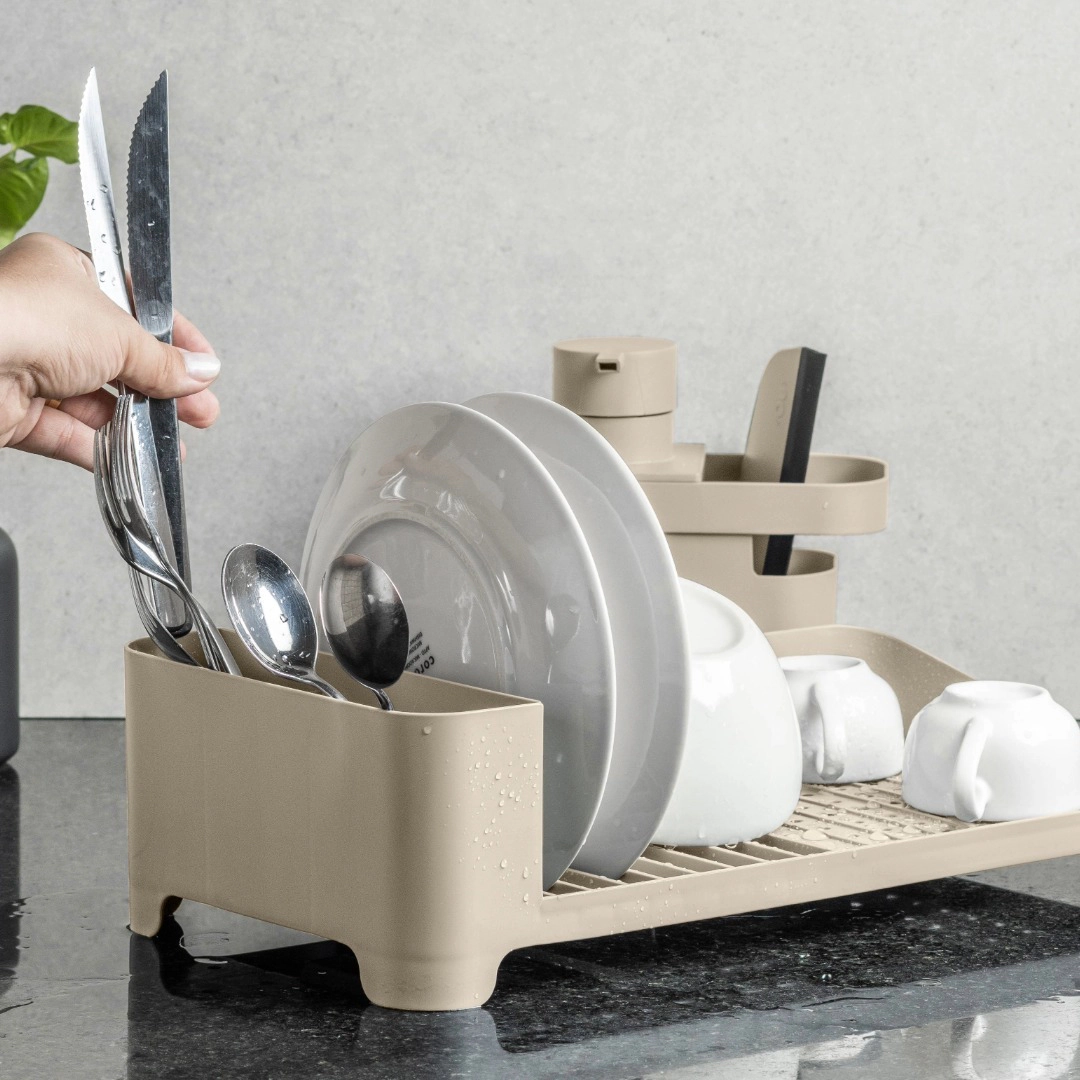 OU Dish Drying Rack Freestanding Polypropylene w/ Utensil Holder, Compact Kitchen Drainer 16" x 8"