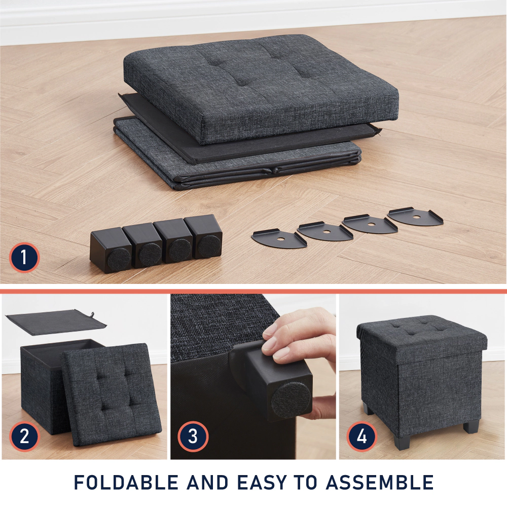Ornavo Home Collapsible Tufted 15 Inch Square Linen Storage Ottoman with Legs