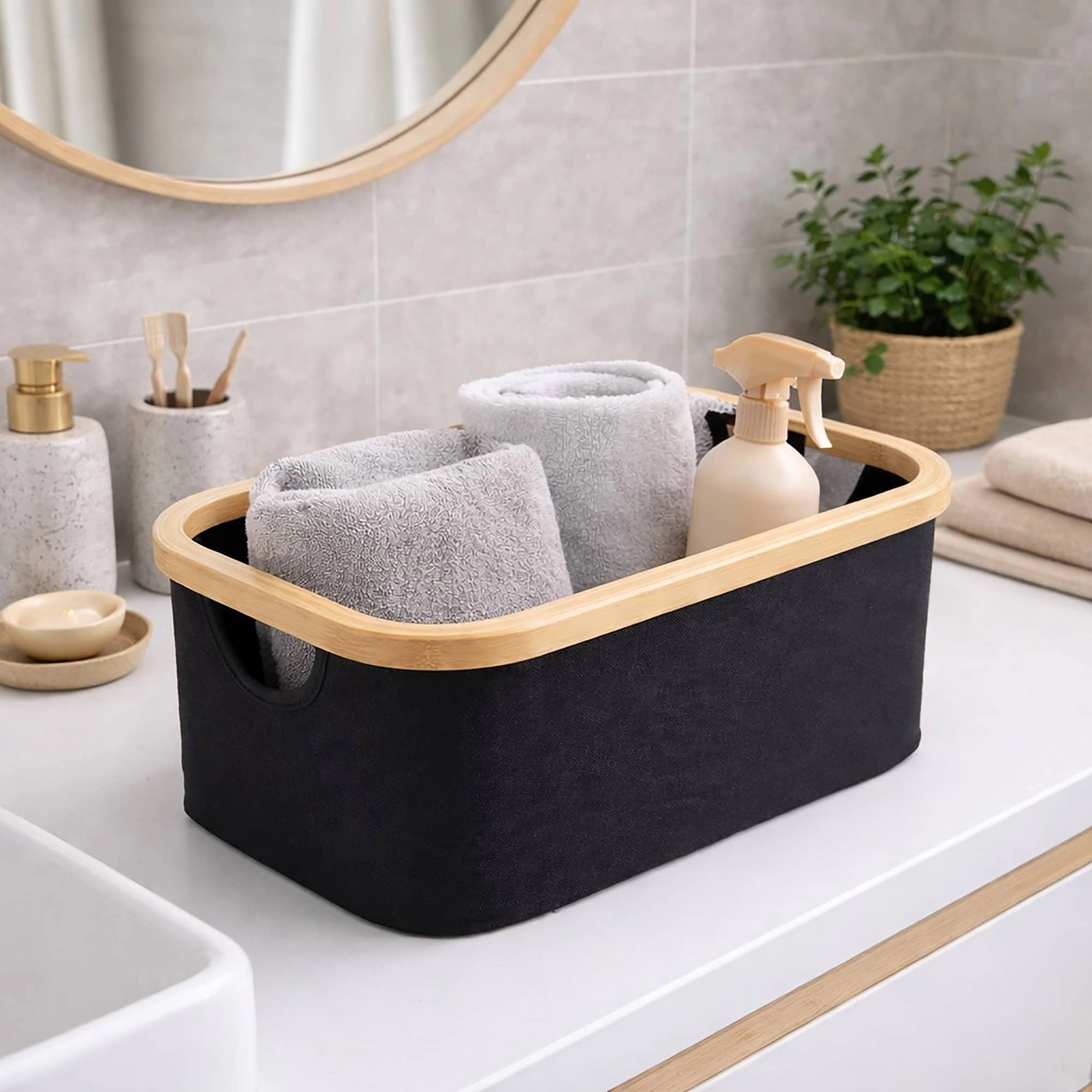 Evideco French Home Goods Black Bamboo-Frame Foldable Storage Basket 15 x 10 x 6 in