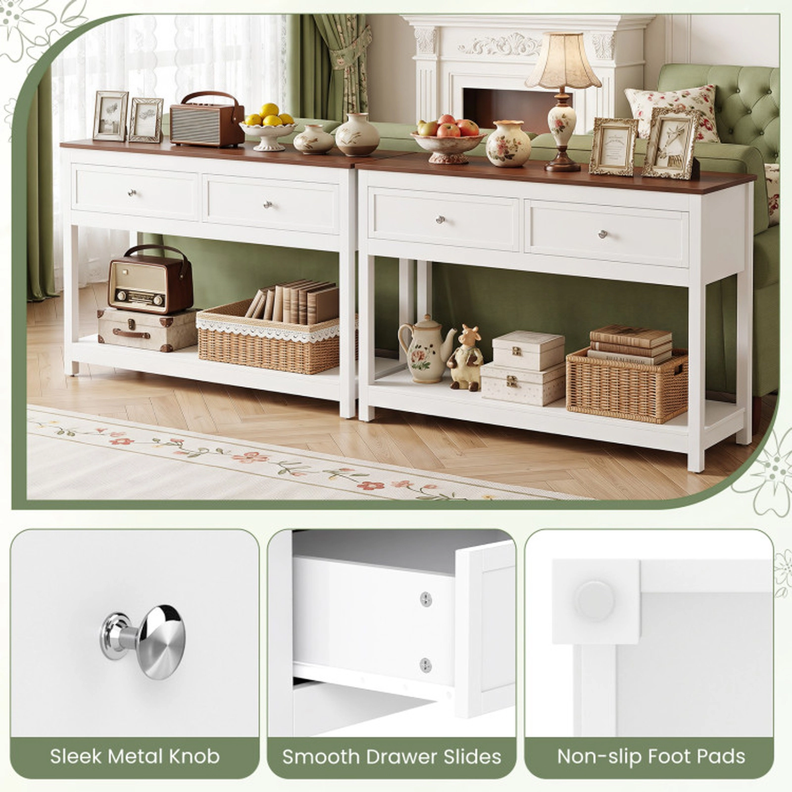 SUGIFT 2 Drawers Open Shelf Brown Wood Grain Top Console Table 47-in x 15.5-in x 29.5-in 165-lb Capacity White