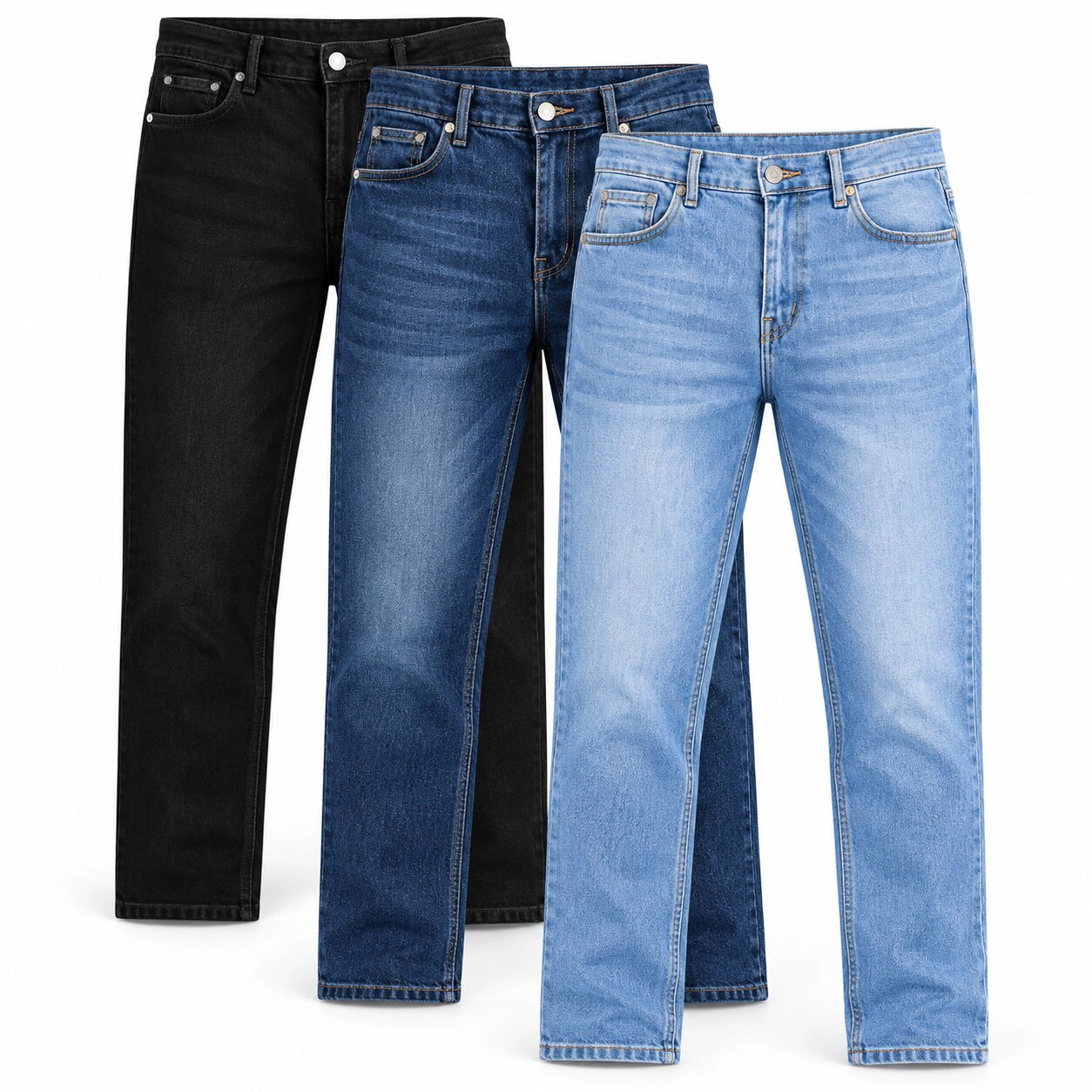 BenBen Men's Medium Stretch Slim Fit Denim Jeans, 3-Pack (Black, Blue, Navy)