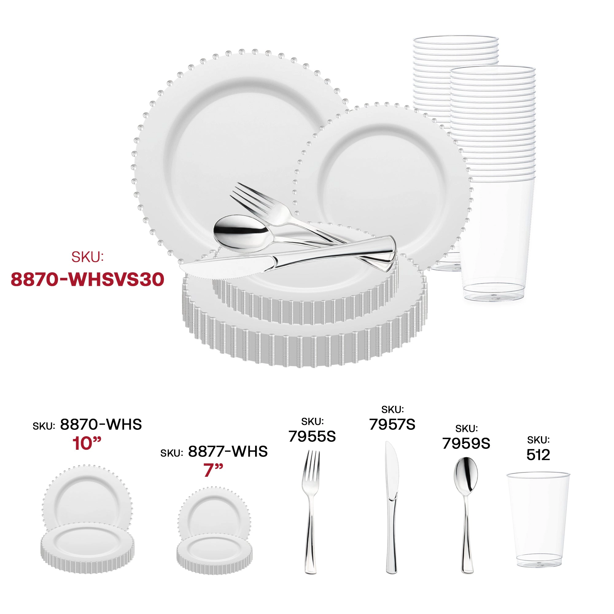 Smarty Had A Party White with Silver Pearl String Round Disposable Plastic Wedding Value Set