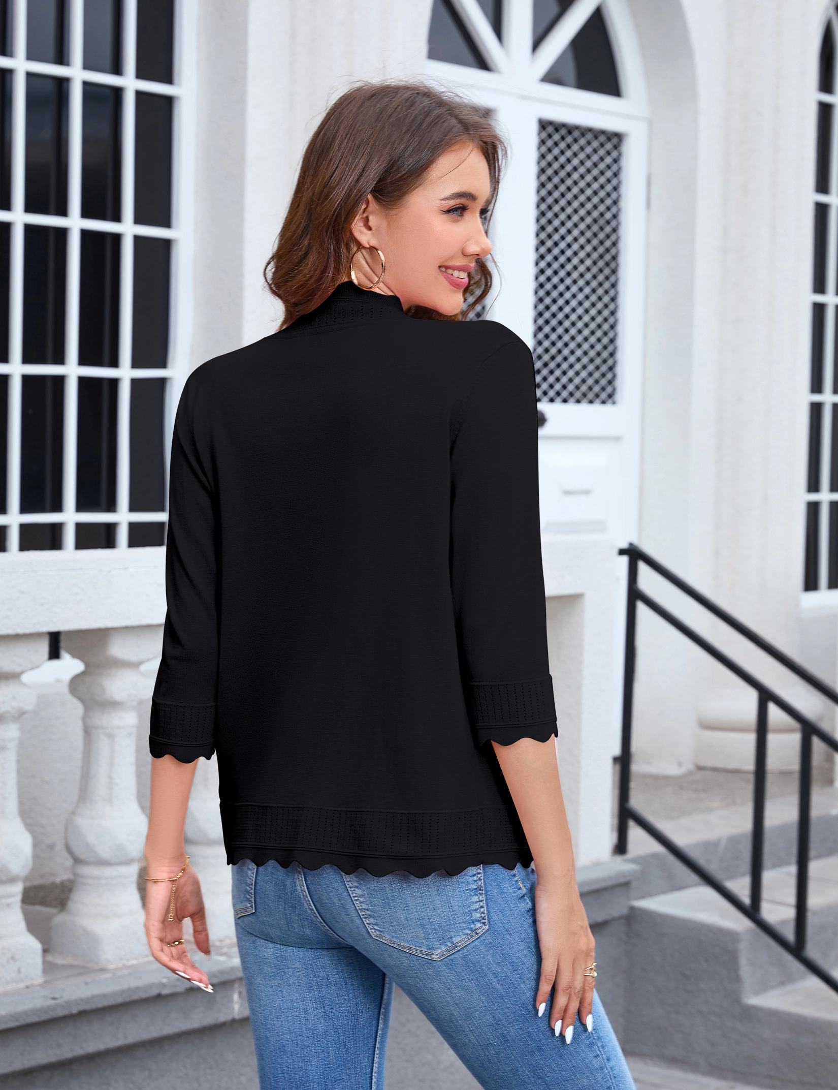 KOJOOIN Women's 3/4 Sleeve Cardigan Lightweight Open-Front Wave Edges Cropped Knit Sweater