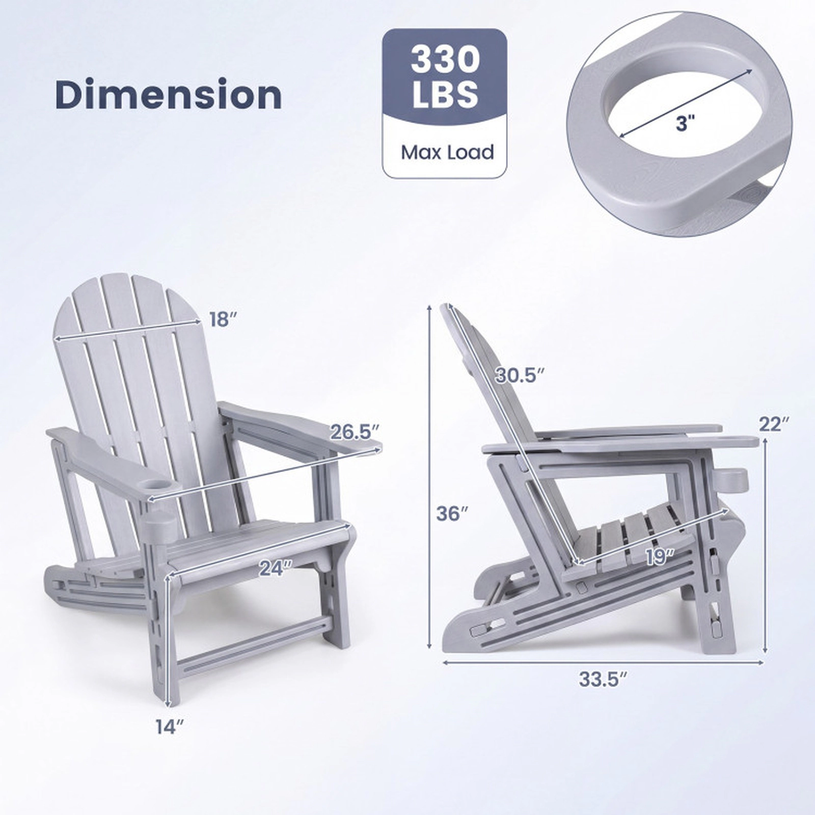 SUGIFT HDPE Adirondack Chair with Cup Holder and Wood-Like Texture 330-Lb Capacity Gray