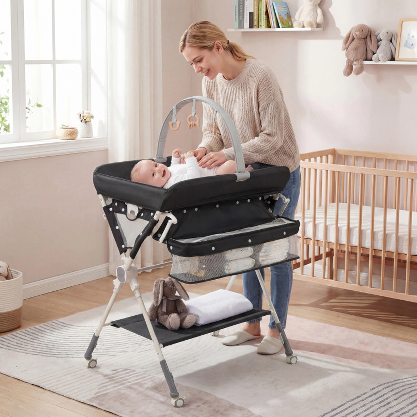 SUGIFT Foldable Baby Changing Table Black with Drying Rack Storage Bag and Shelf